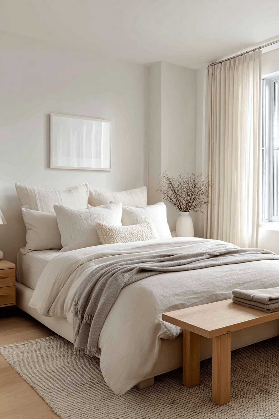 Warm minimalist bedroom in creamy neutral tones with textured bedding and light wood furniture