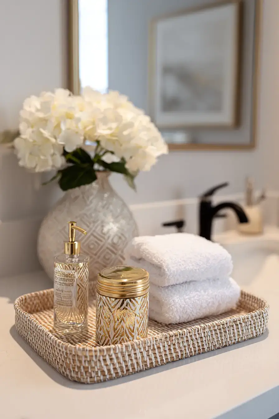 Chic budget bathroom with baskets, towels, wall art, and soft lighting