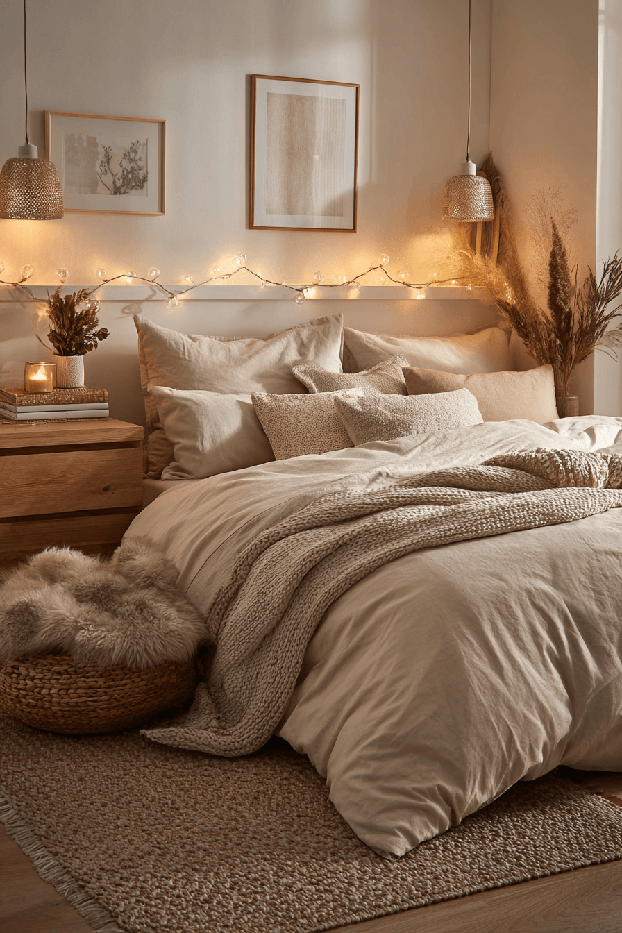 Cozy bedroom with layered lights, warm neutral textiles, and a soft glow