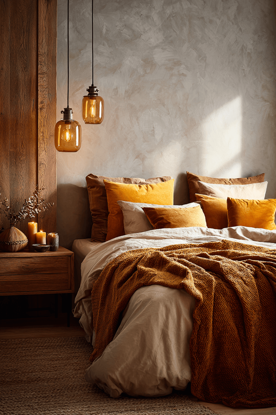 Warm bedroom with amber lighting, brass accents, and cozy textiles