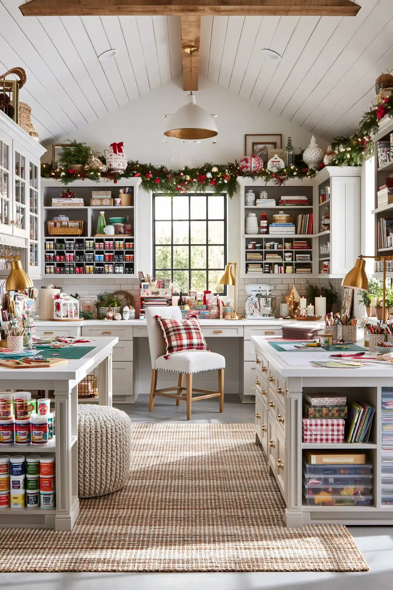 A craft room decorated with festive greenery and Christmas accents