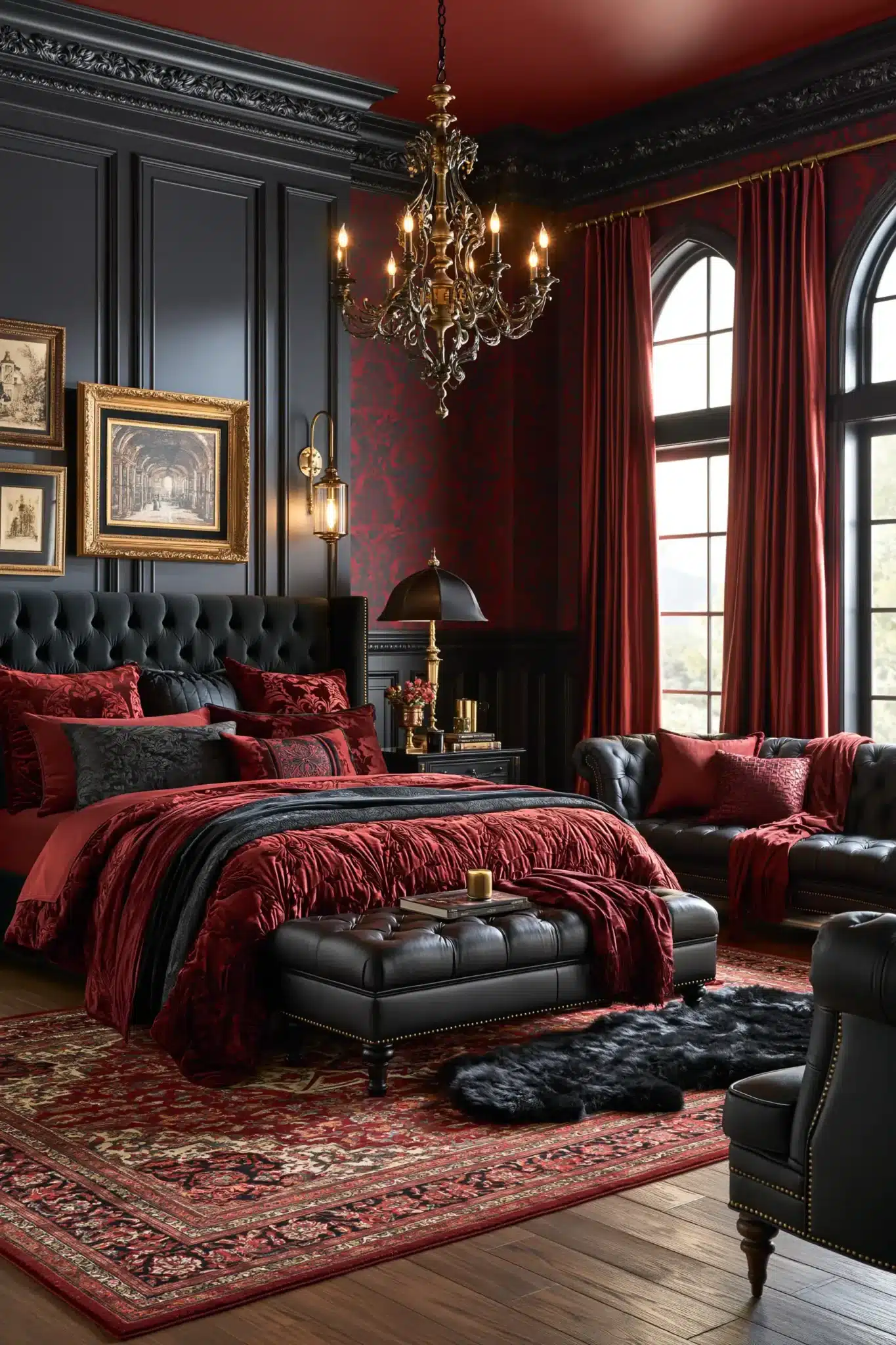 A crimson gothic bedroom with dark wood, velvet bedding, and warm lighting