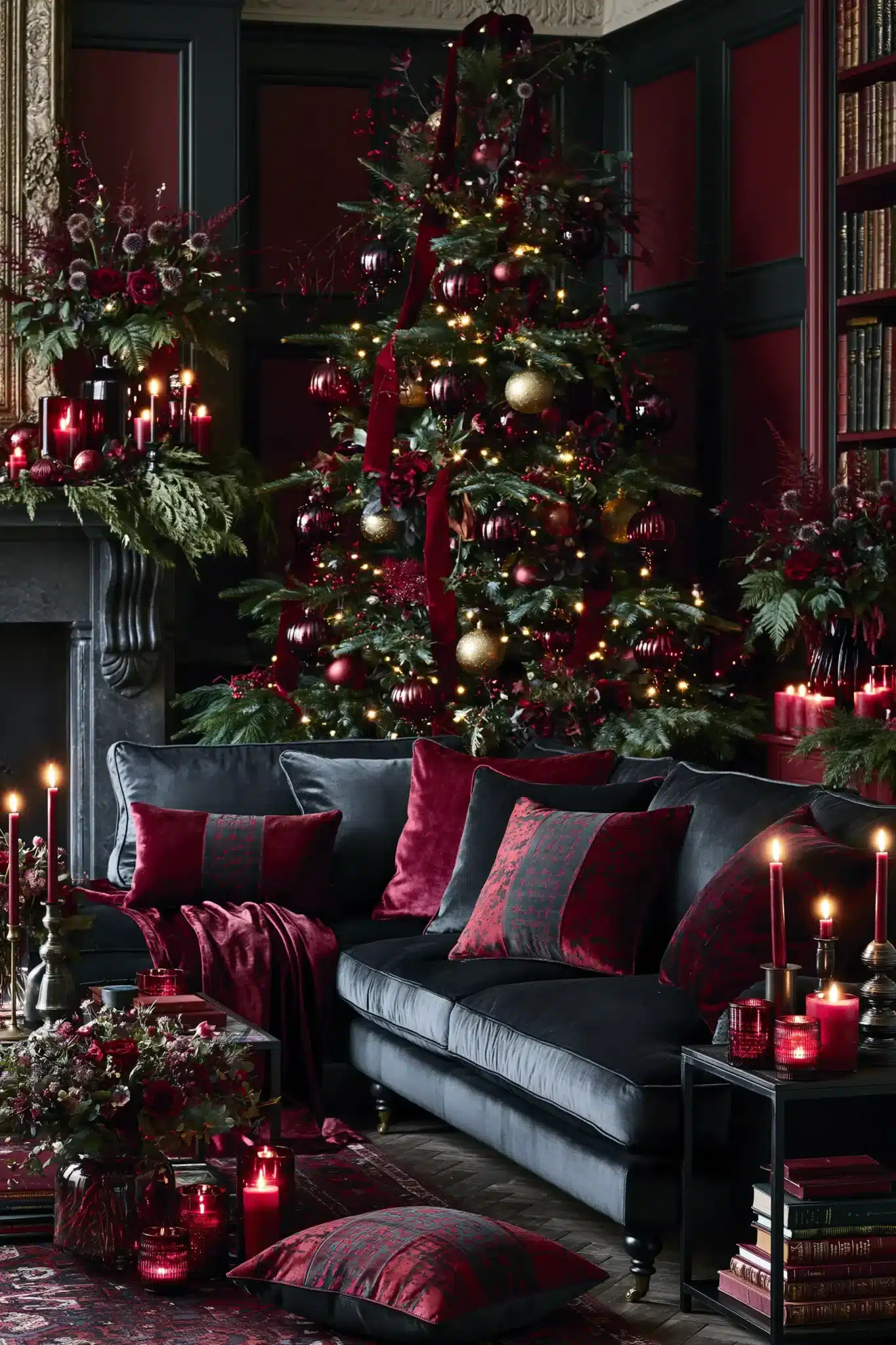 Romantic moody Christmas decor with deep crimson accents, dark greenery, and antique gold.