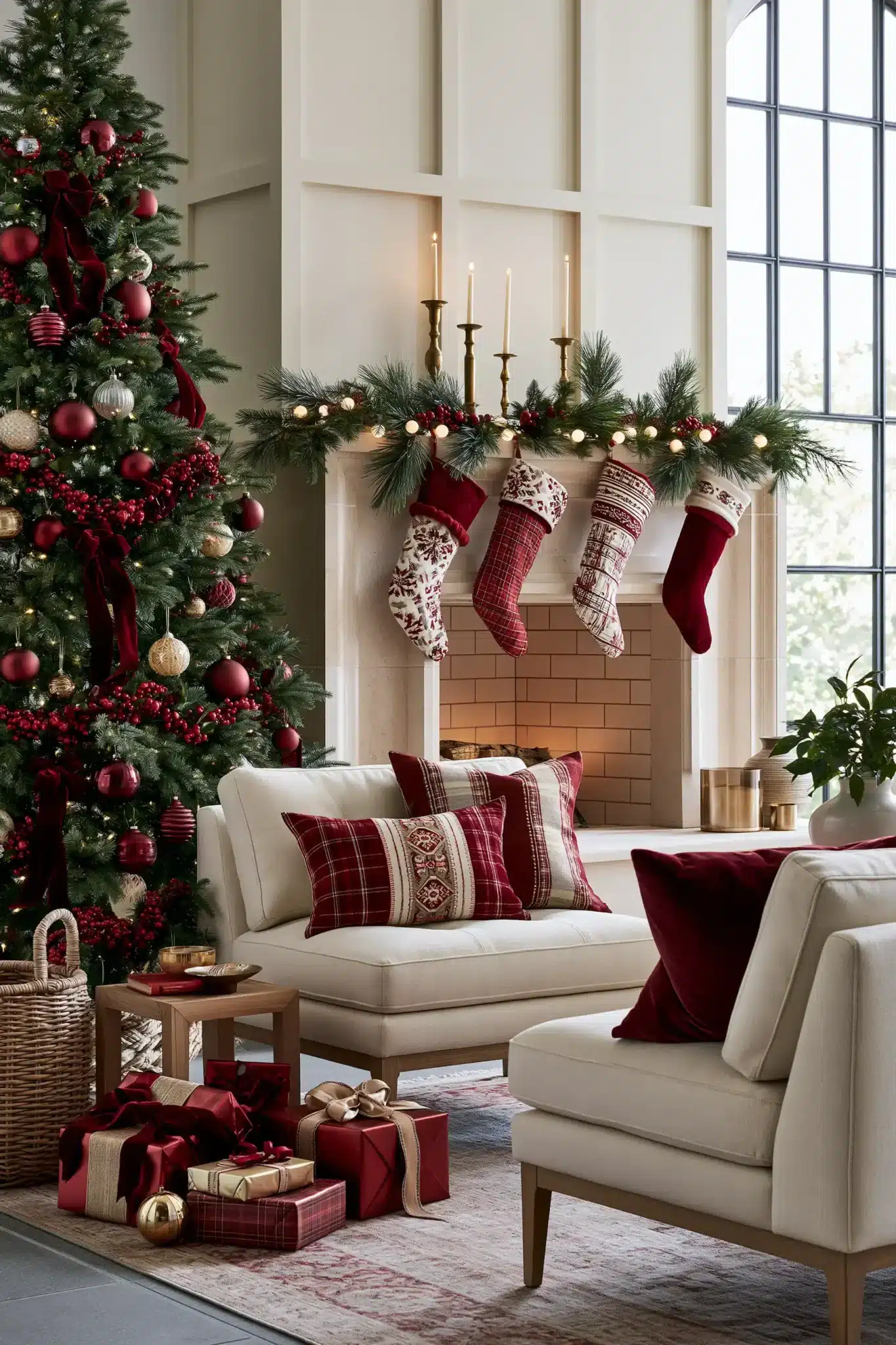 Traditional Christmas decor with crimson ornaments, ribbon, berries, and warm holiday lighting.