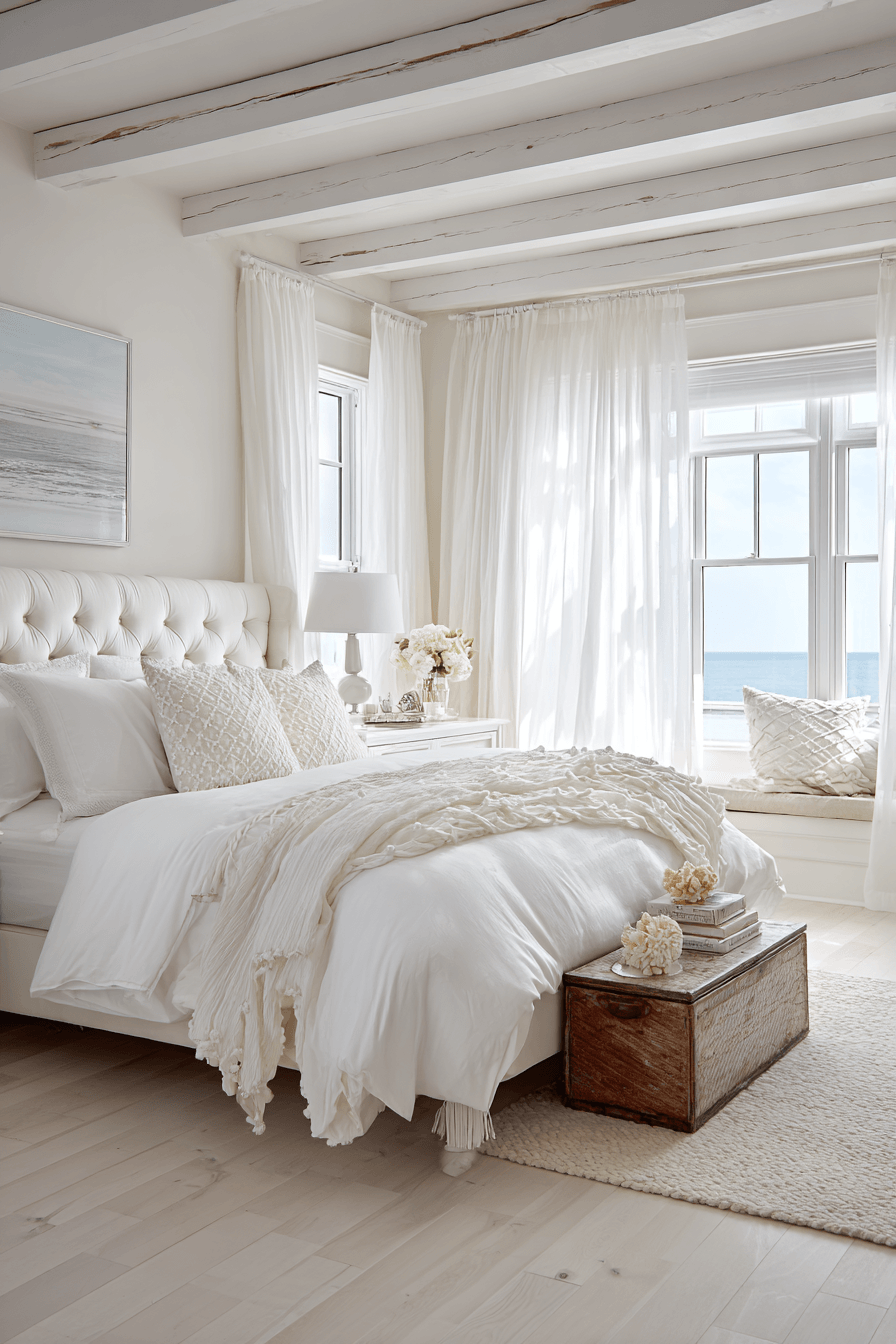 Bright white beachy bedroom with sheer curtains white bedding and subtle coastal decor