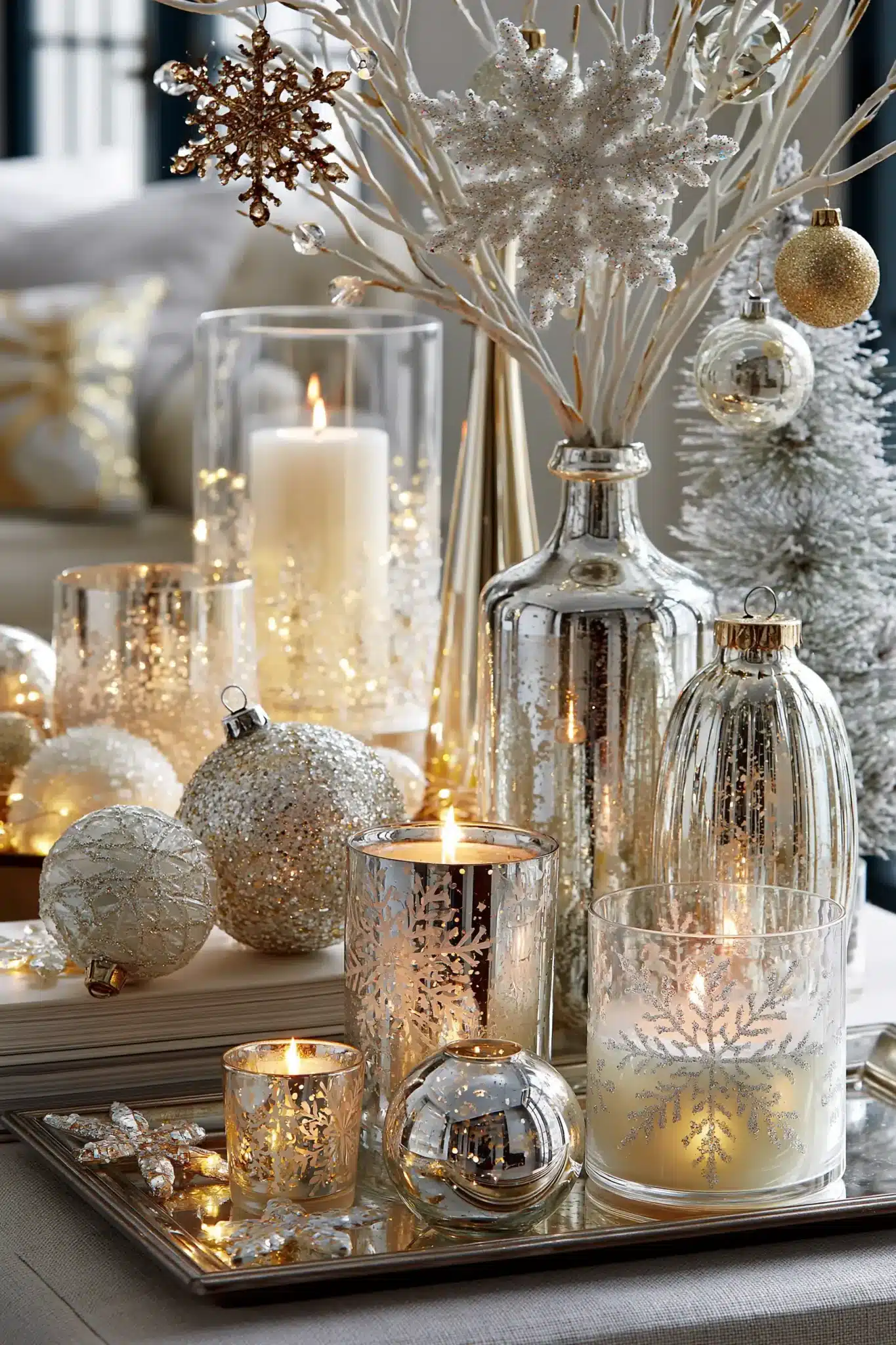 A winter wonderland Christmas display with crystal ornaments, white branches, gold accents, and sparkling lights.