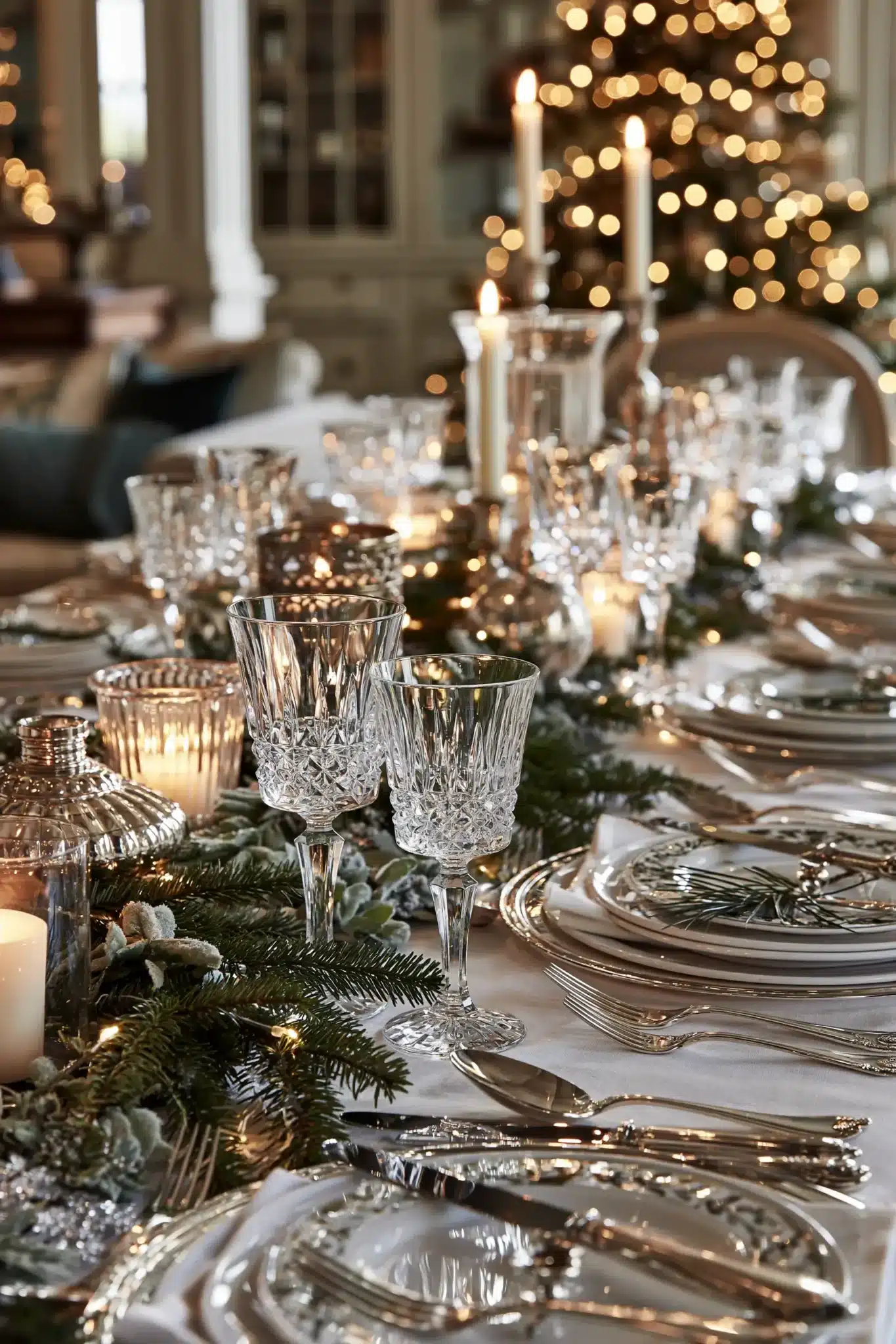A Christmas table with crystal glassware, candles, and soft greenery