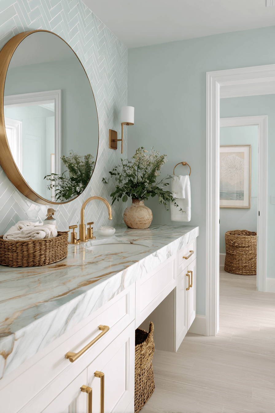 Modern coastal bathroom with polished finishes and curated beach-inspired decor