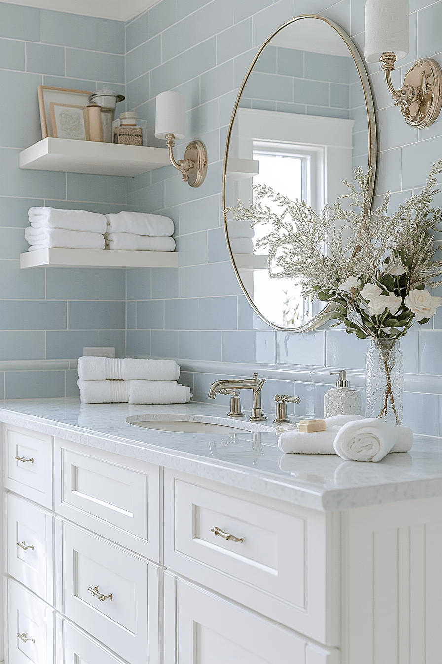Beachy bathroom with curved mirror, wave tile, pale blue tones, and open shelves