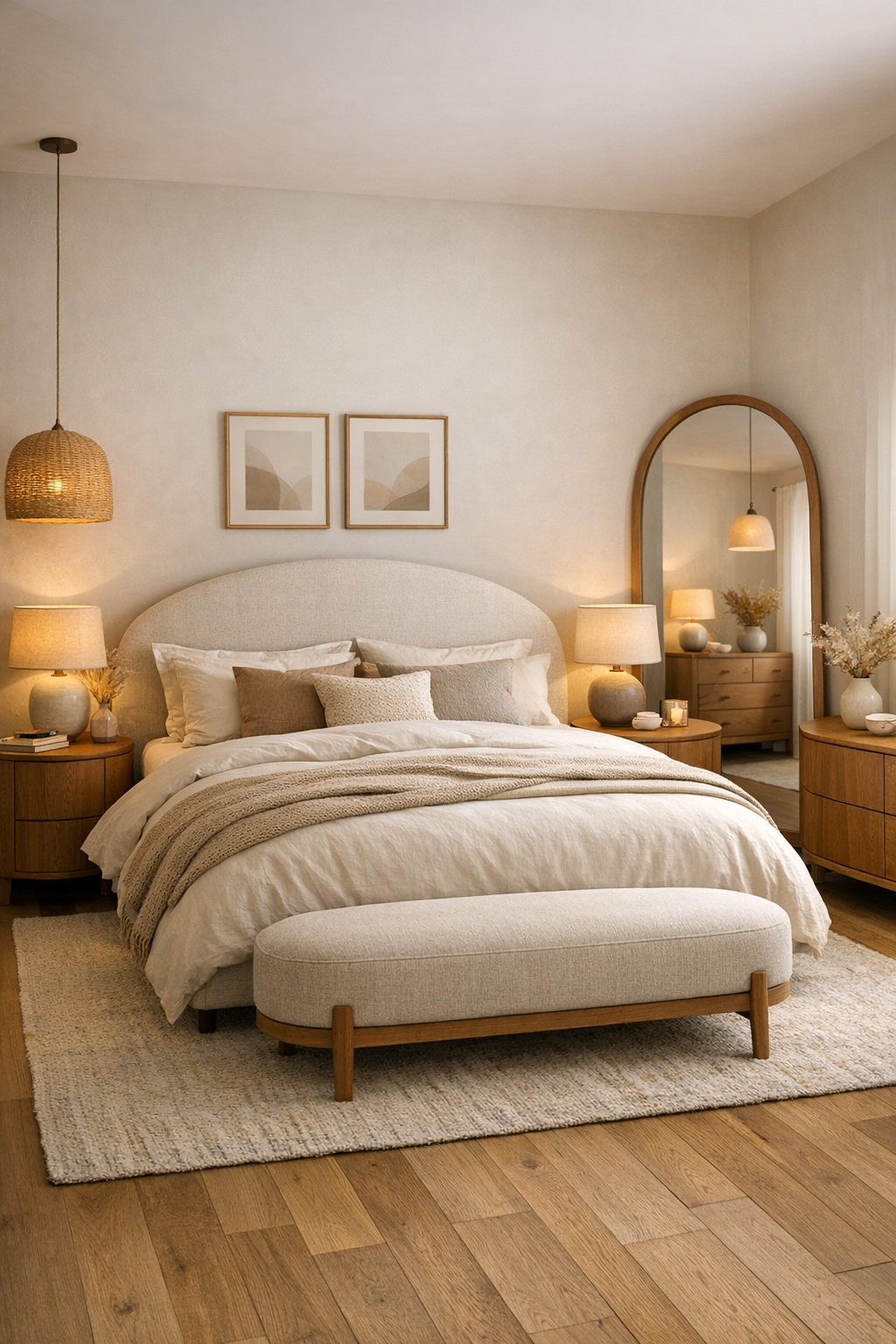 Warm bedroom with curved furniture, soft textures, and cozy neutral decor