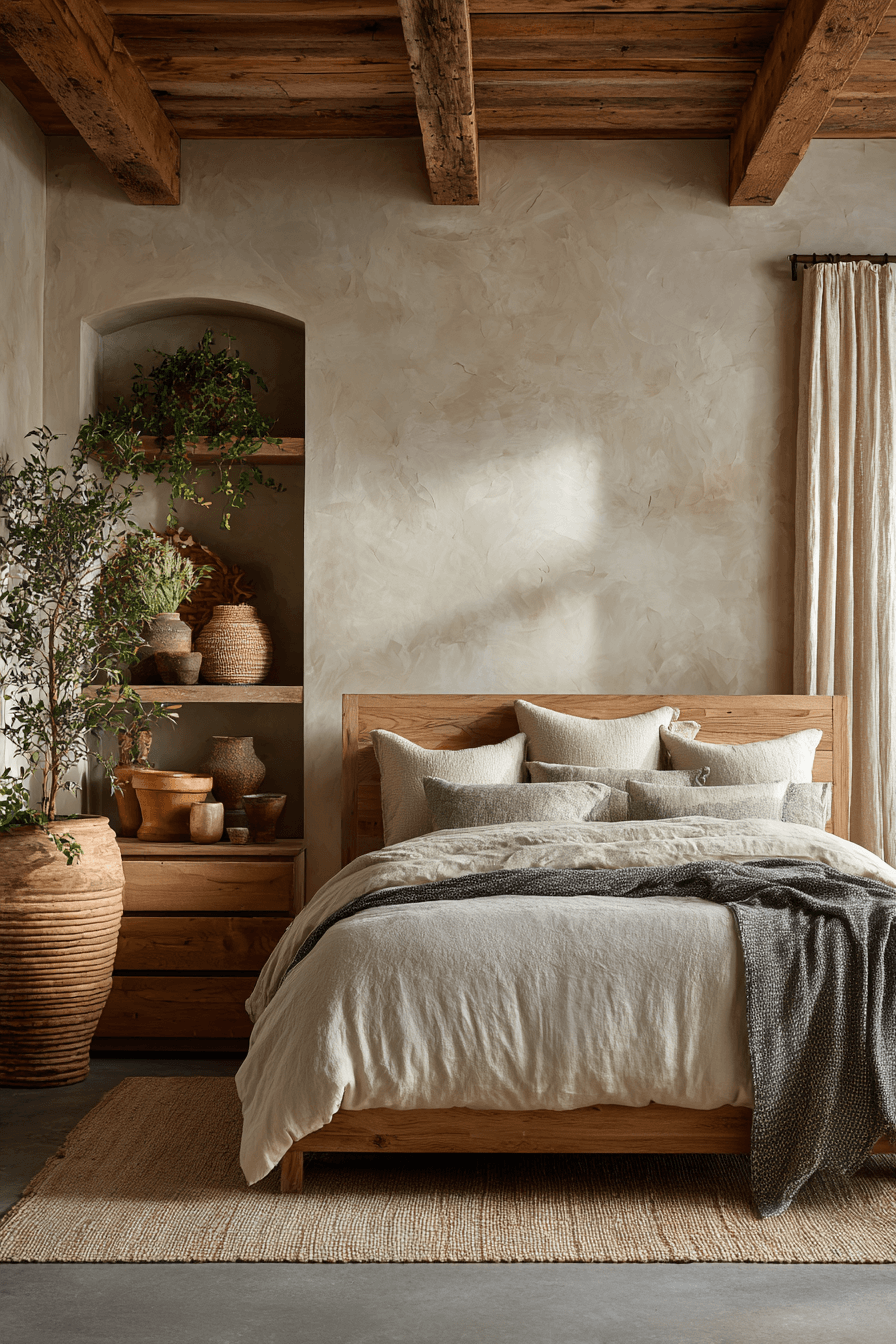 Stylish organic bedroom with curved furniture, reclaimed wood, and earthy pottery