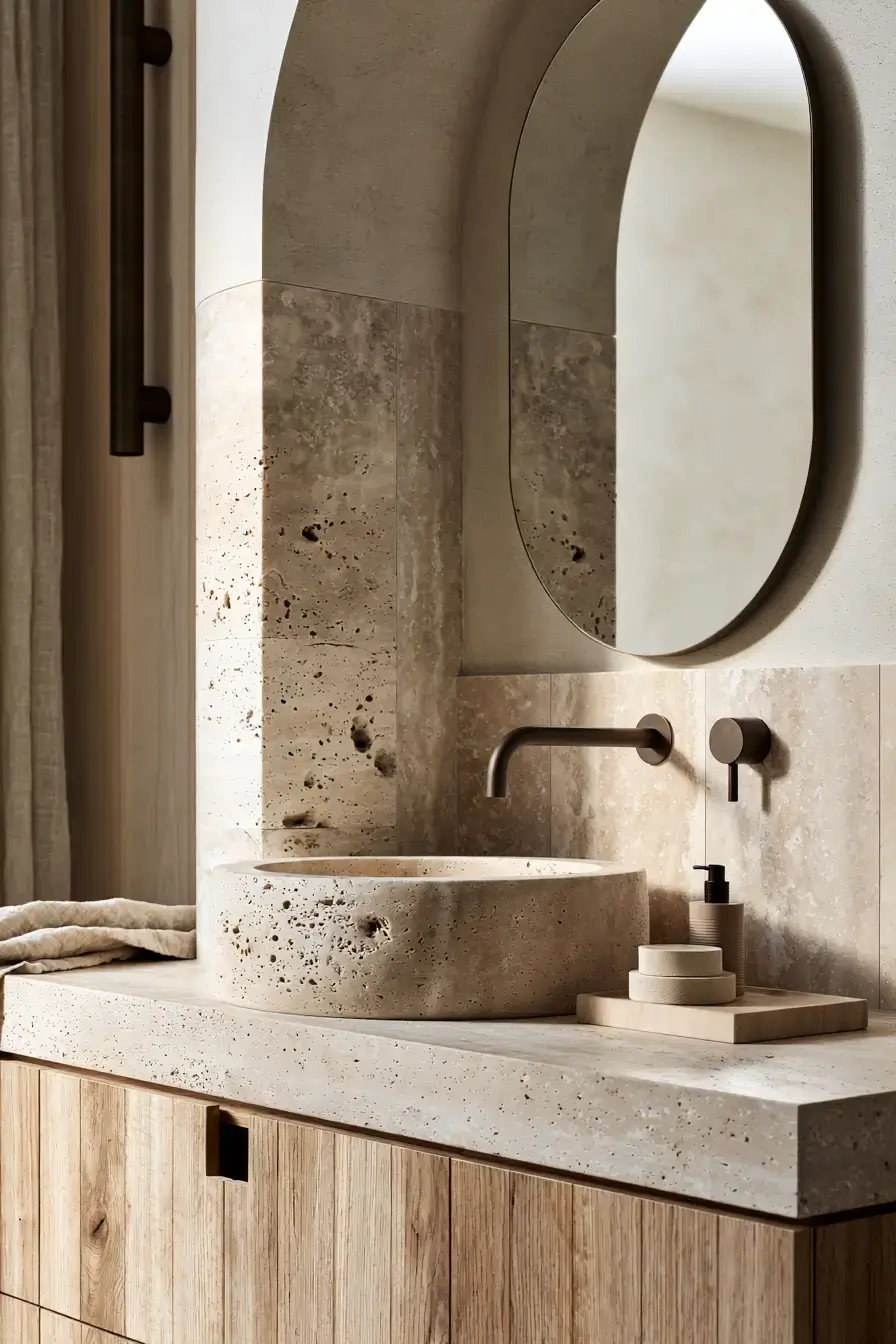 A curved travertine stone vanity with soft edges in a bathroom