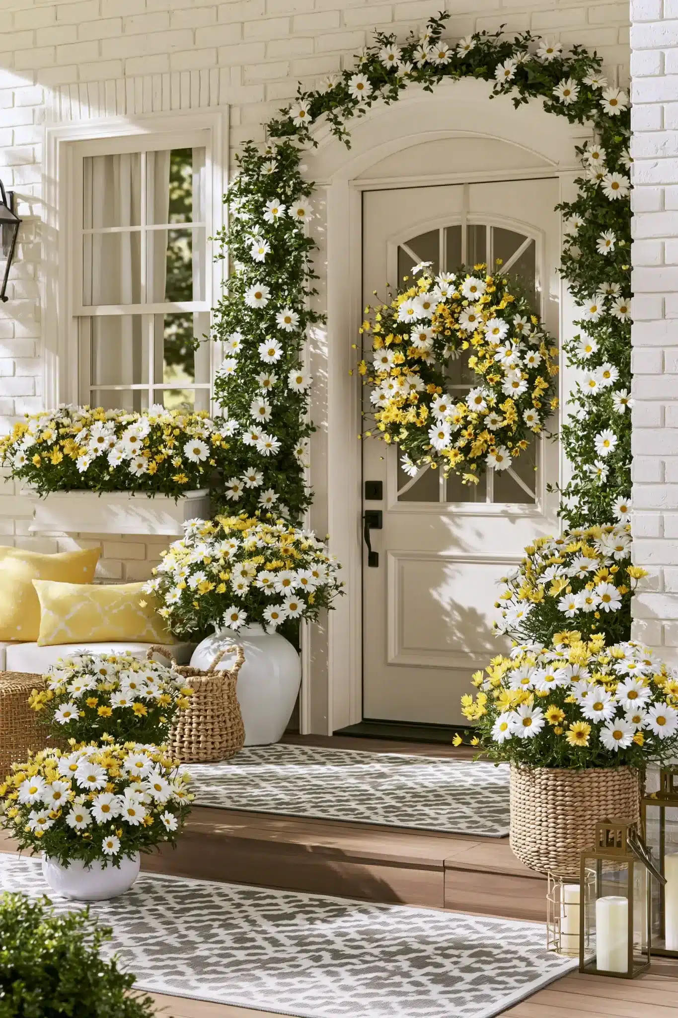 A bright spring porch decorated with daisies in pots and fresh greenery near the front door.