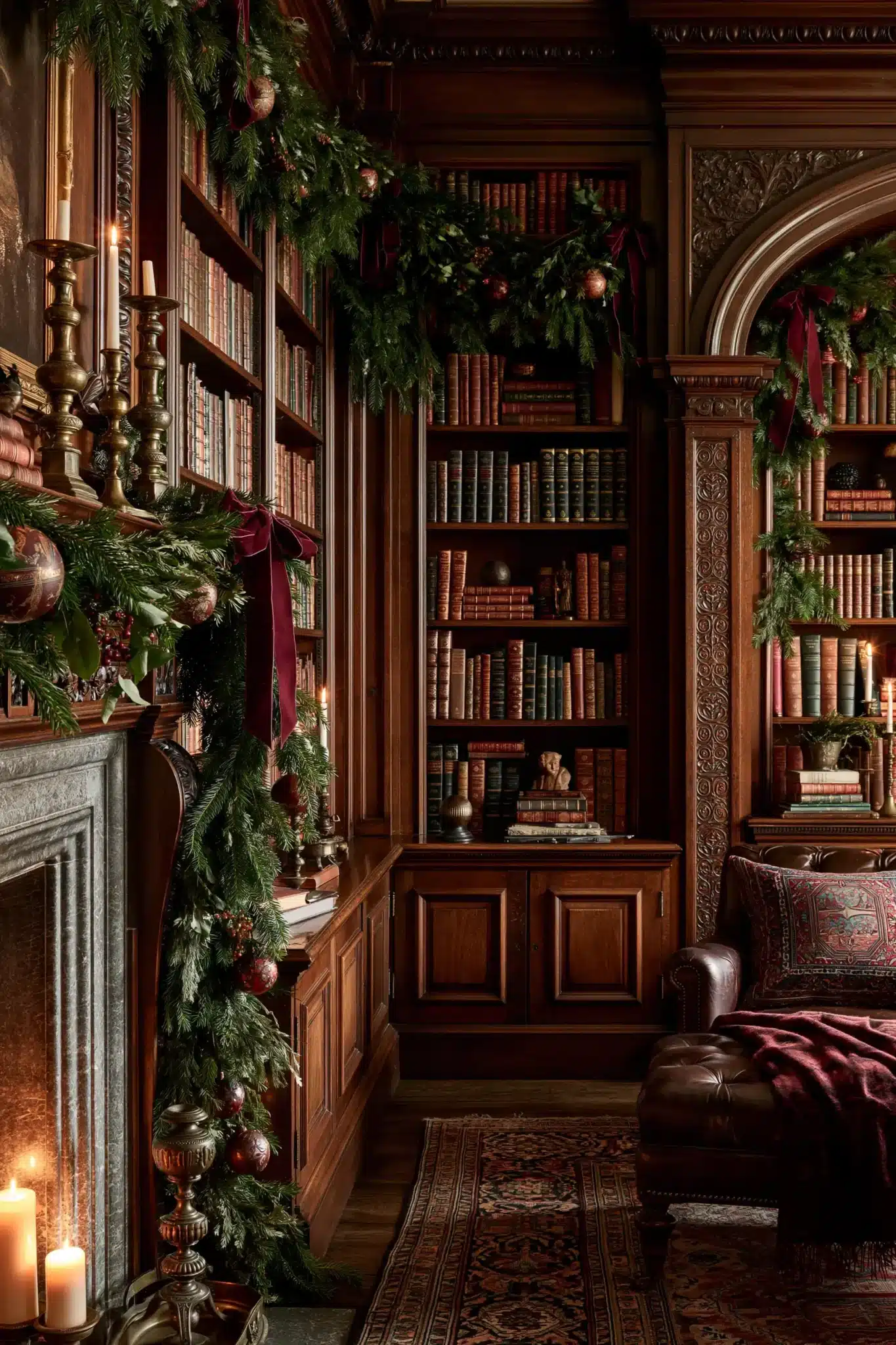 Dark academia moody Christmas decor with books, vintage furniture, brass candlesticks, and garlands.