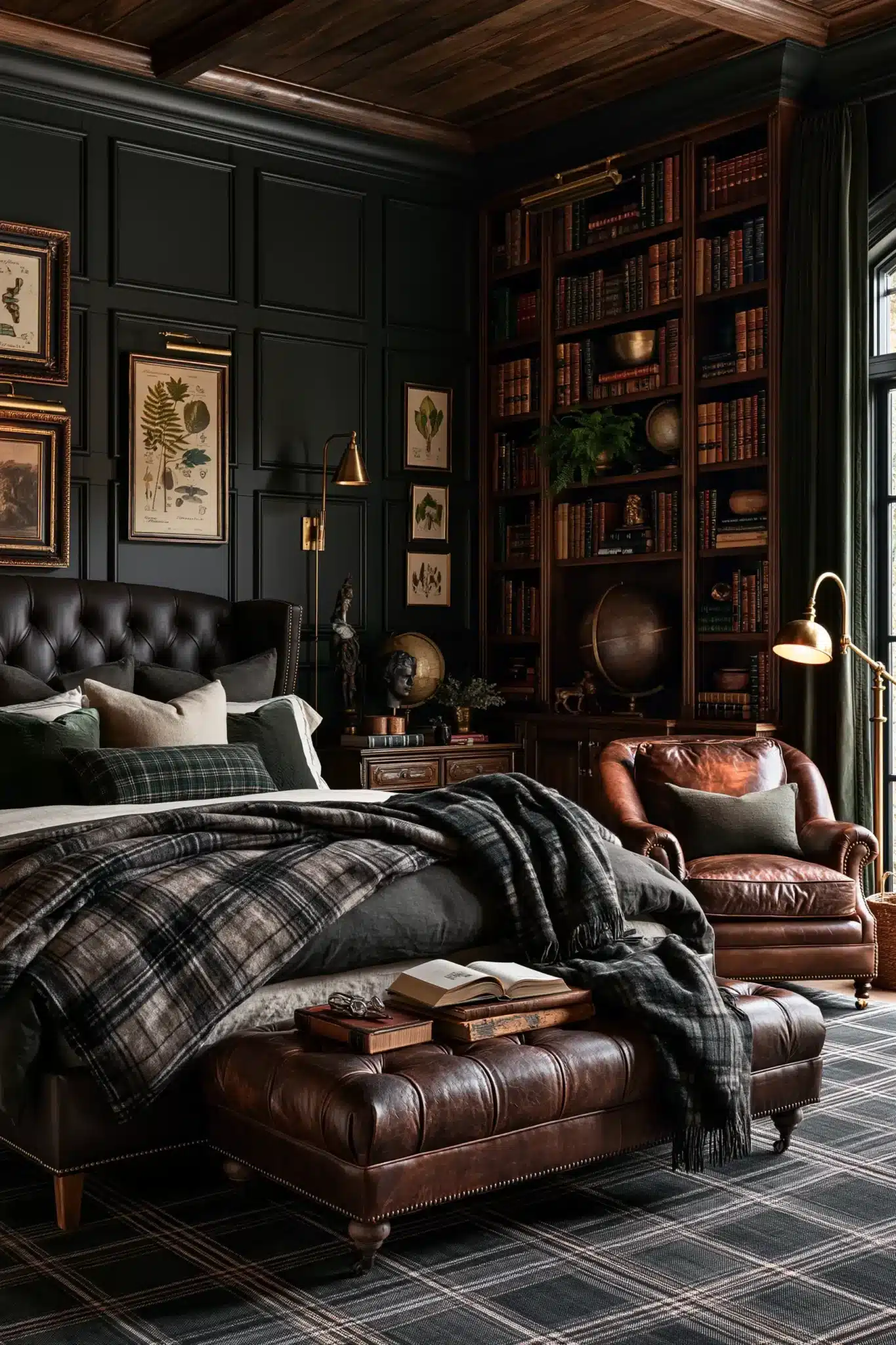 A dark academia gothic bedroom with bookshelves, wood furniture, and classic accessories