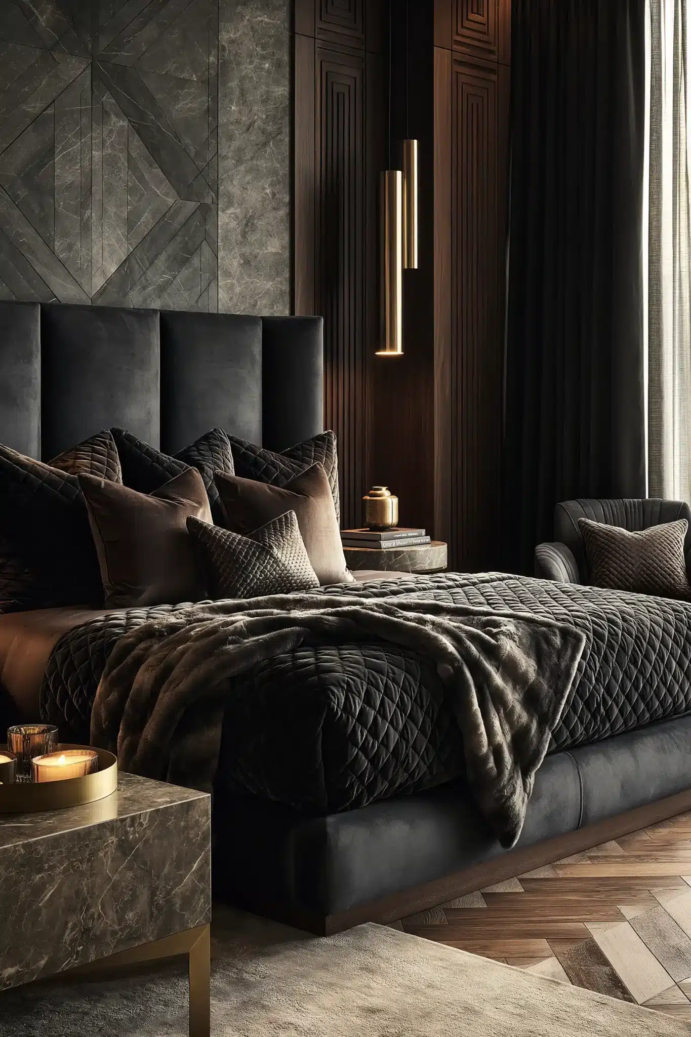 A dark luxe gothic bedroom with marble, velvet, and boutique-style finishes