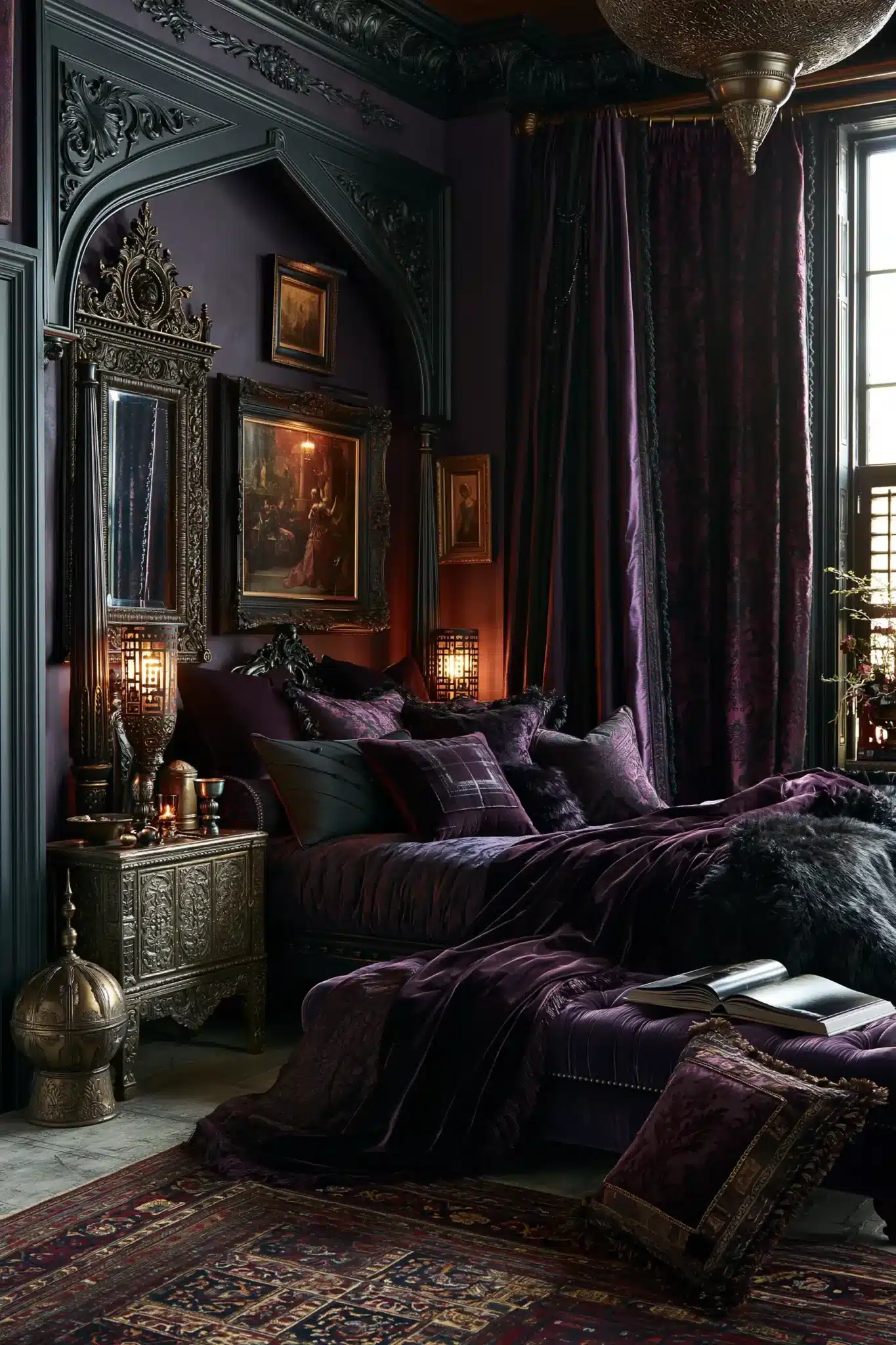 Dark purple and black gothic bedroom with plush curtains, artwork, reflective details, and warm light.