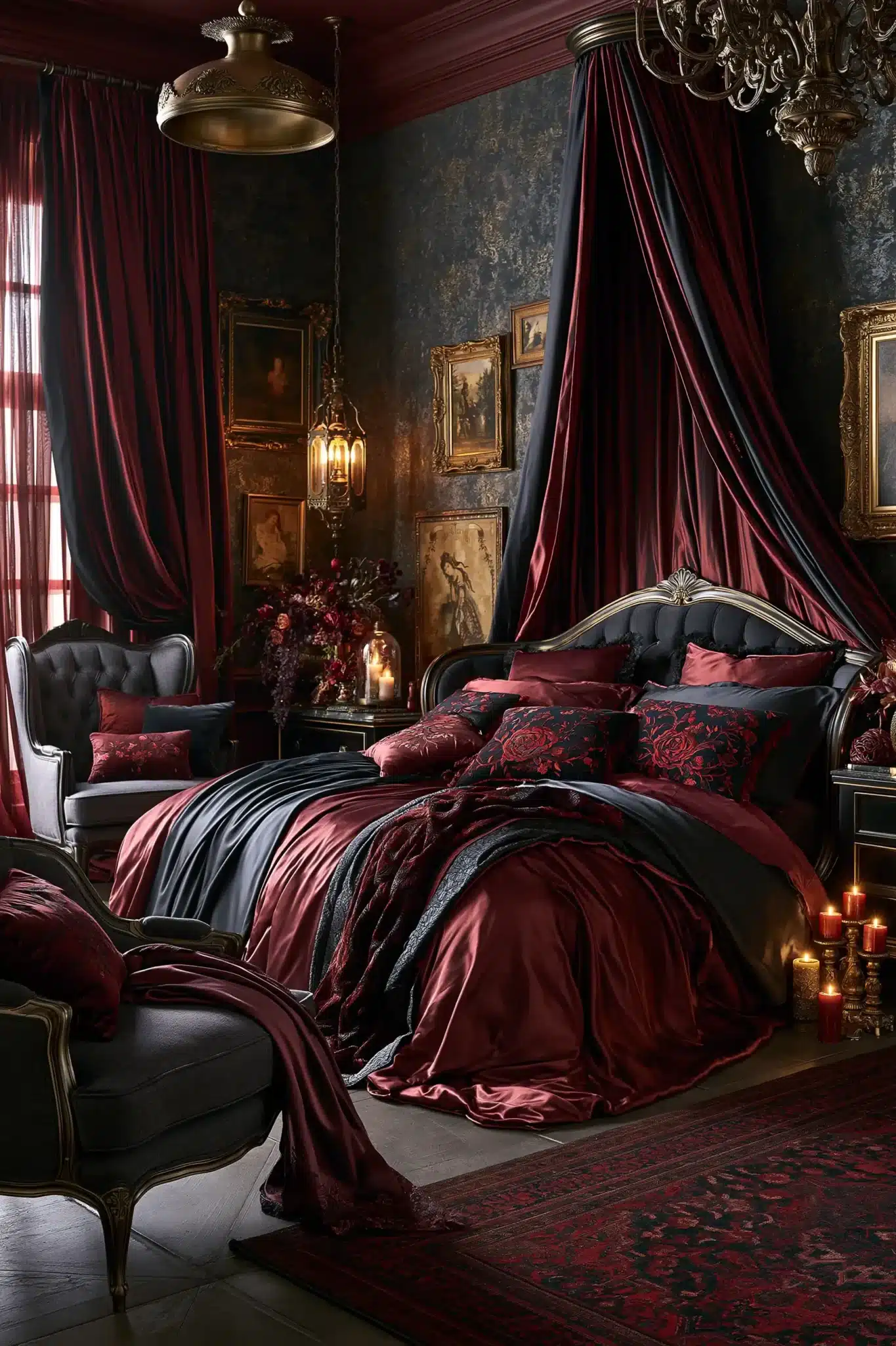 A dark romantic gothic bedroom with burgundy tones, curves, and soft textiles