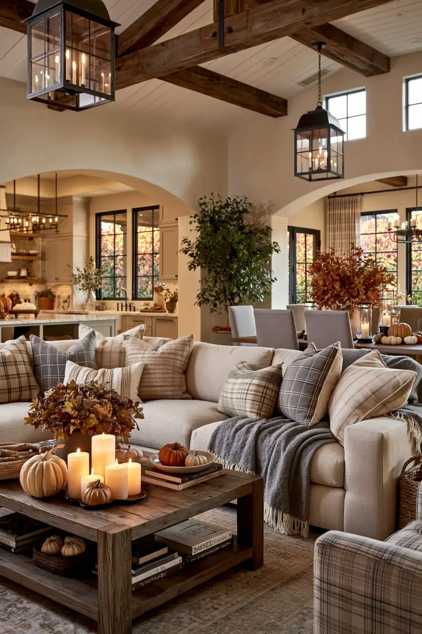 A timeless fall gathering space with comfortable seating, warm lighting, and seasonal decor.