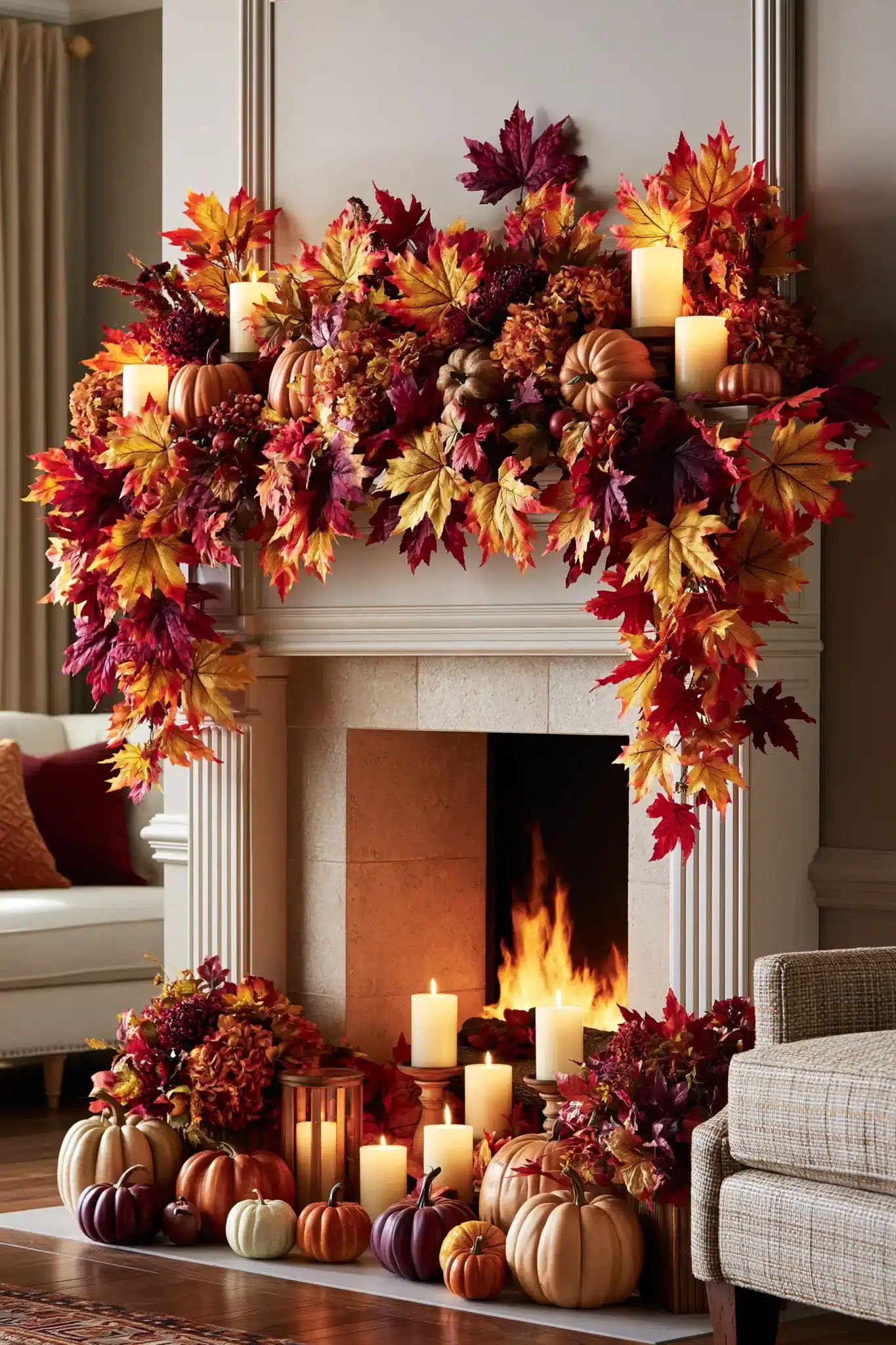 Thanksgiving mantel with colorful maple leaves, pumpkins, candles, and autumn colors.