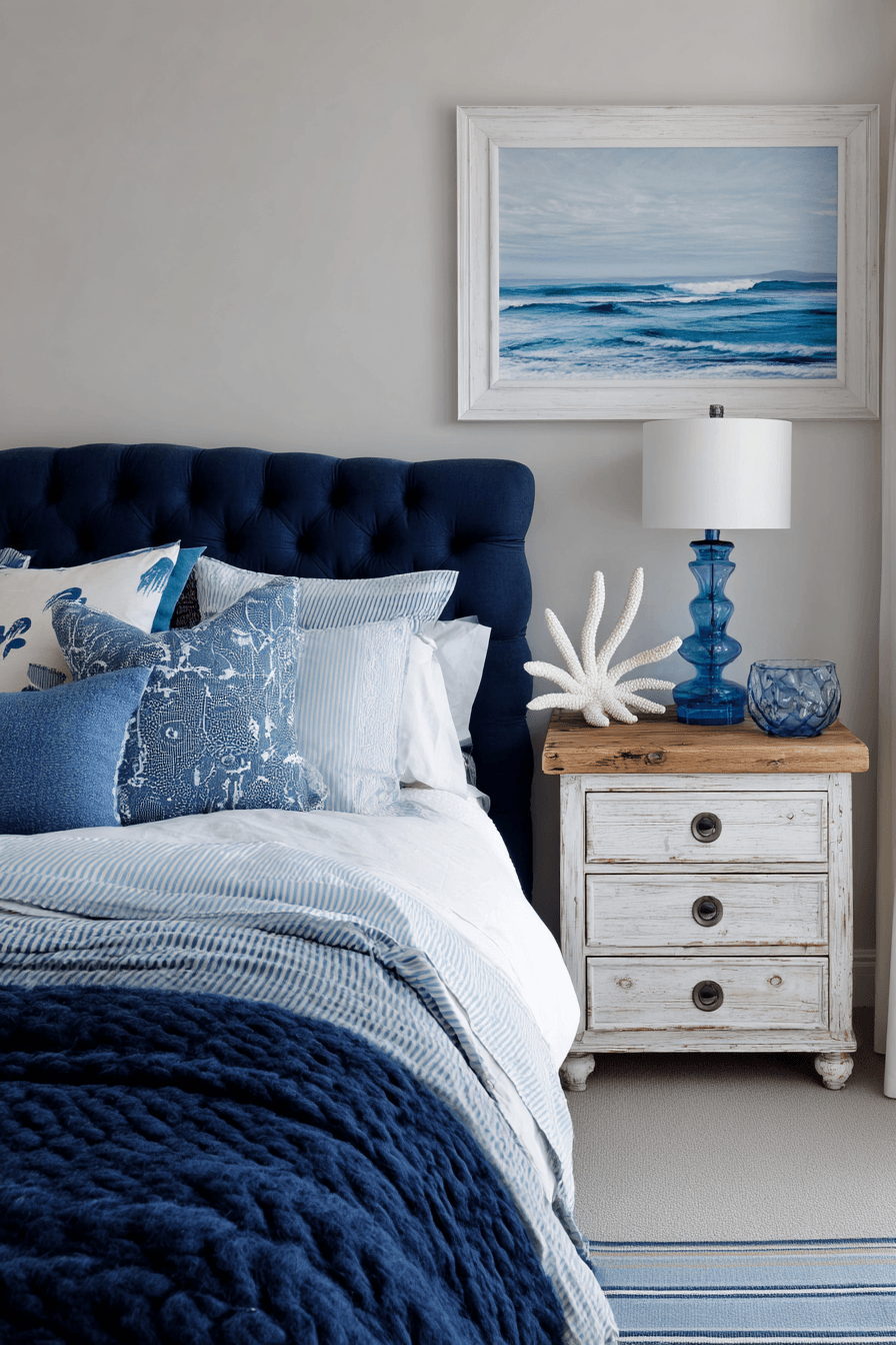 Beach inspired bedroom with layered blue tones white bedding and woven basket decor