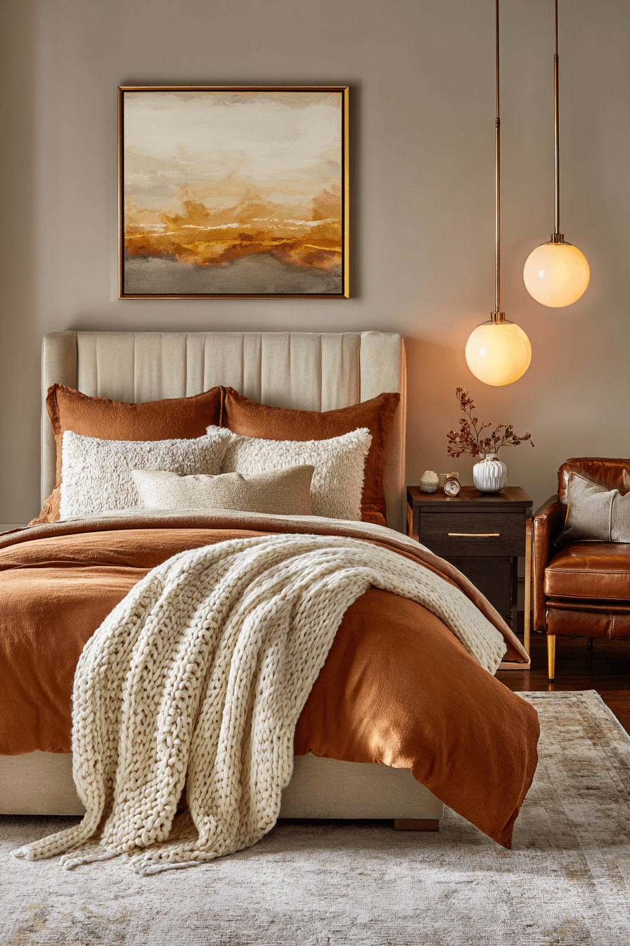 Rich caramel warm neutral bedroom with velvet bedframe, ivory bedding, and warm metallics