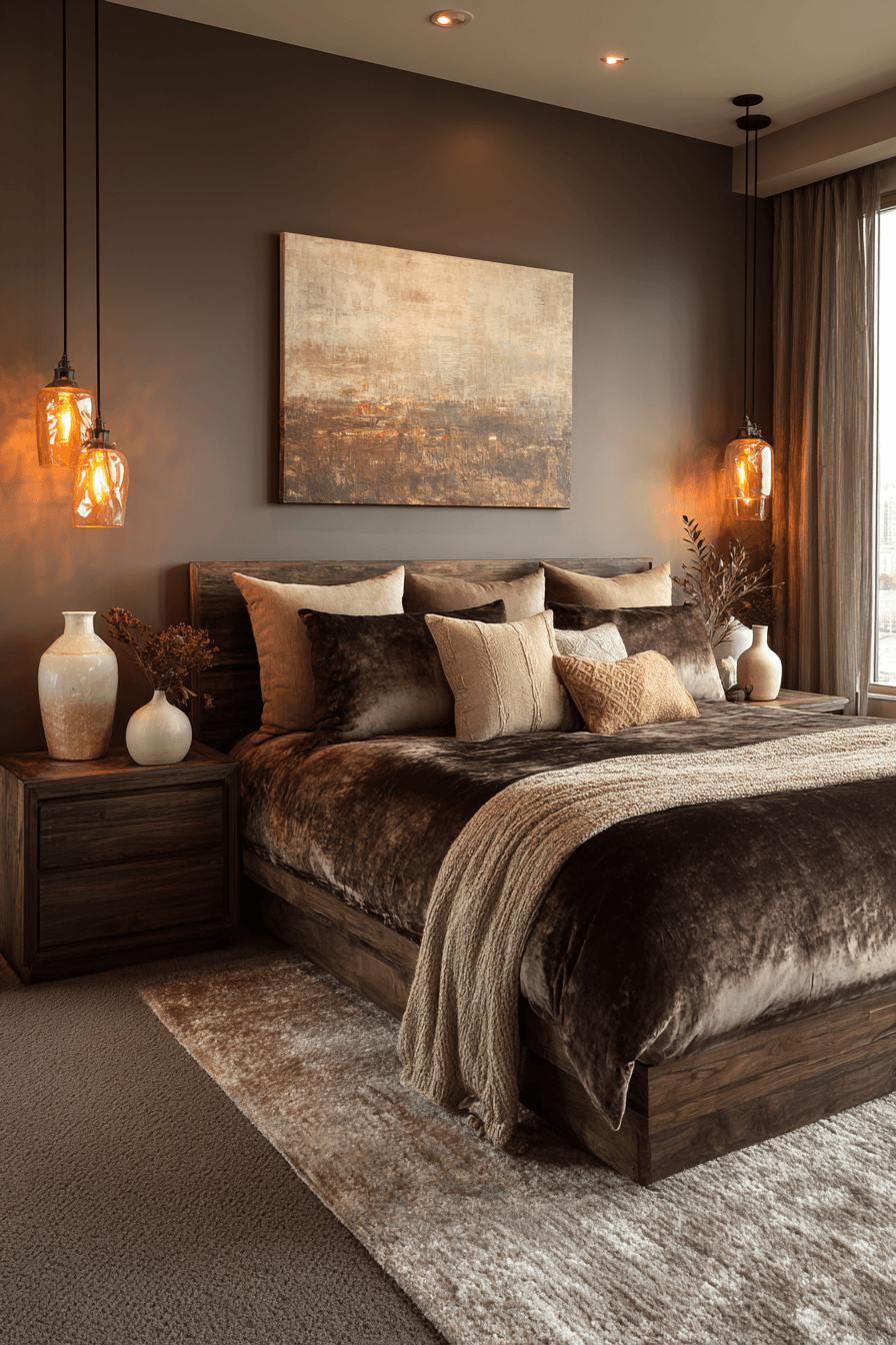 A bedroom styled with cocoa bedding, cream walls, wood accents, and warm bronze lighting