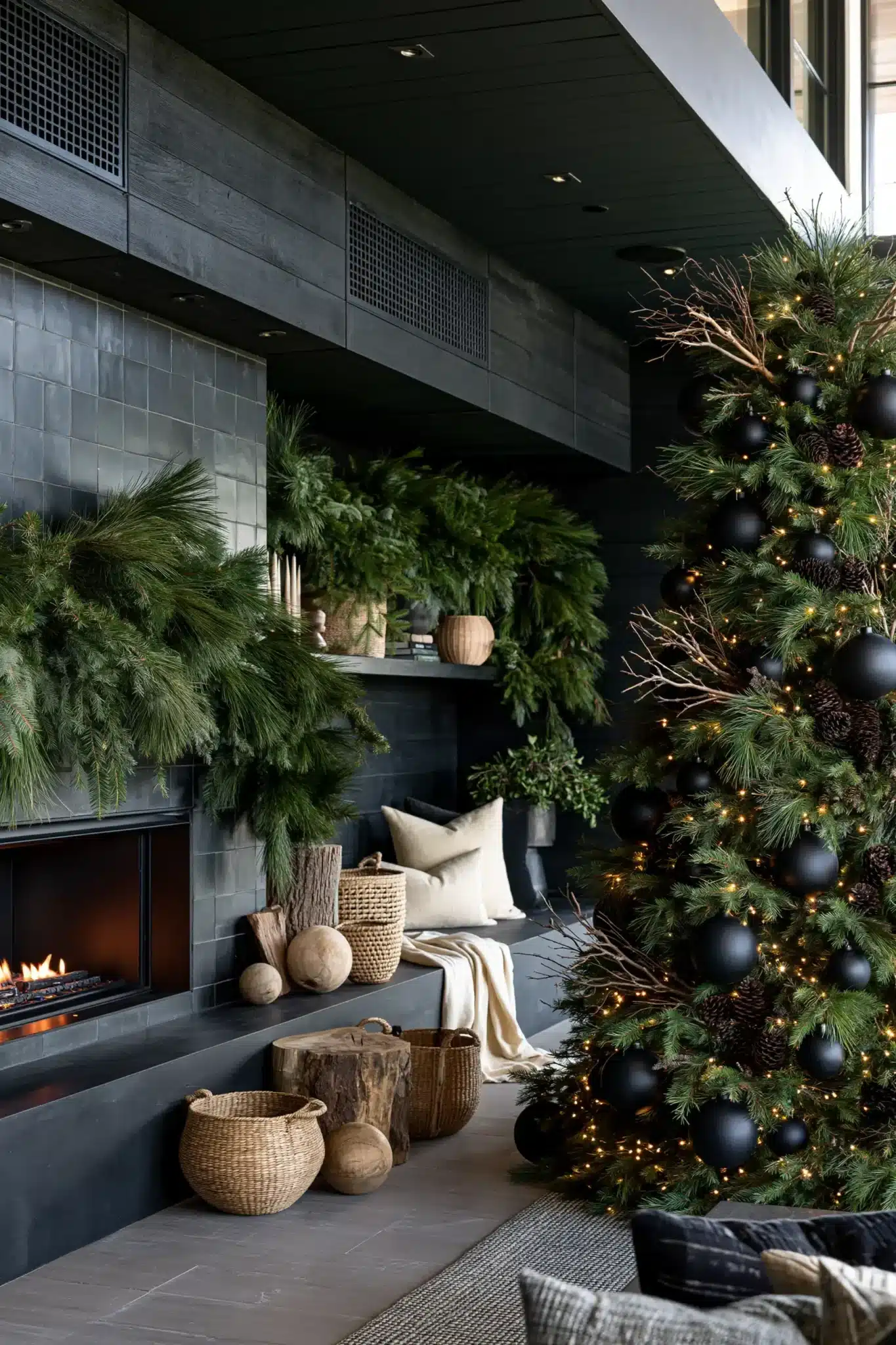 A moody Christmas palette of forest green, matte black ornaments, dark wood, and warm brass.