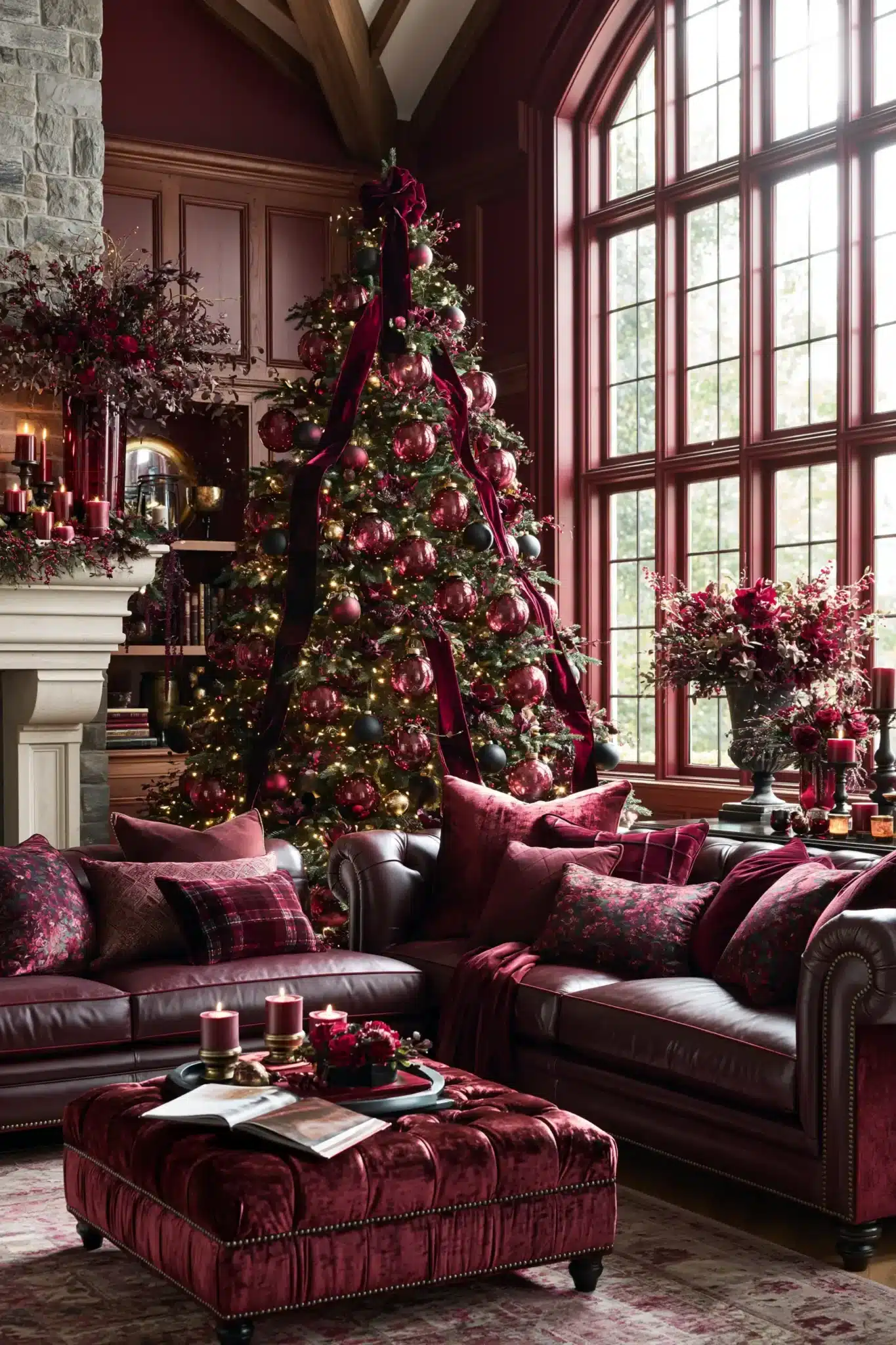 Moody Christmas decor in deep merlot with dark greenery, black details, walnut wood, and gold accents.
