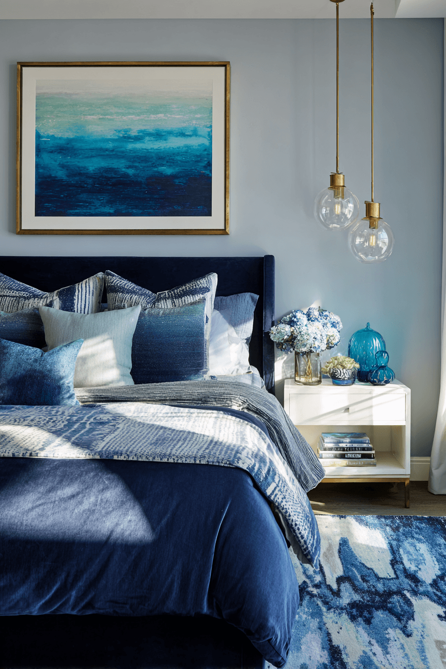 Moody coastal bedroom with navy walls, deep teal bedding, and ocean-inspired art