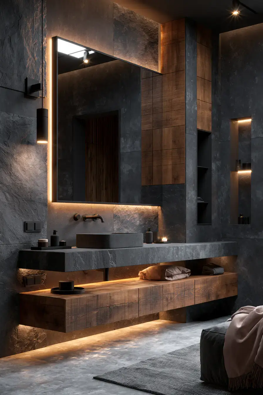Moody natural stone bathroom with dark slate walls and warm metal finishes