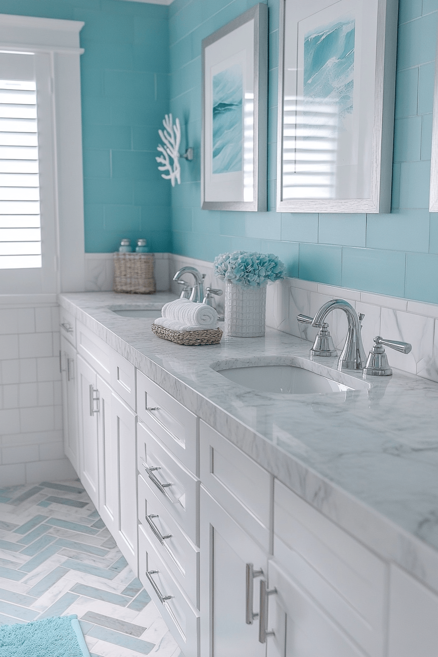 Modern coastal bathroom with deep teal walls, marble counters, and ocean-inspired accents
