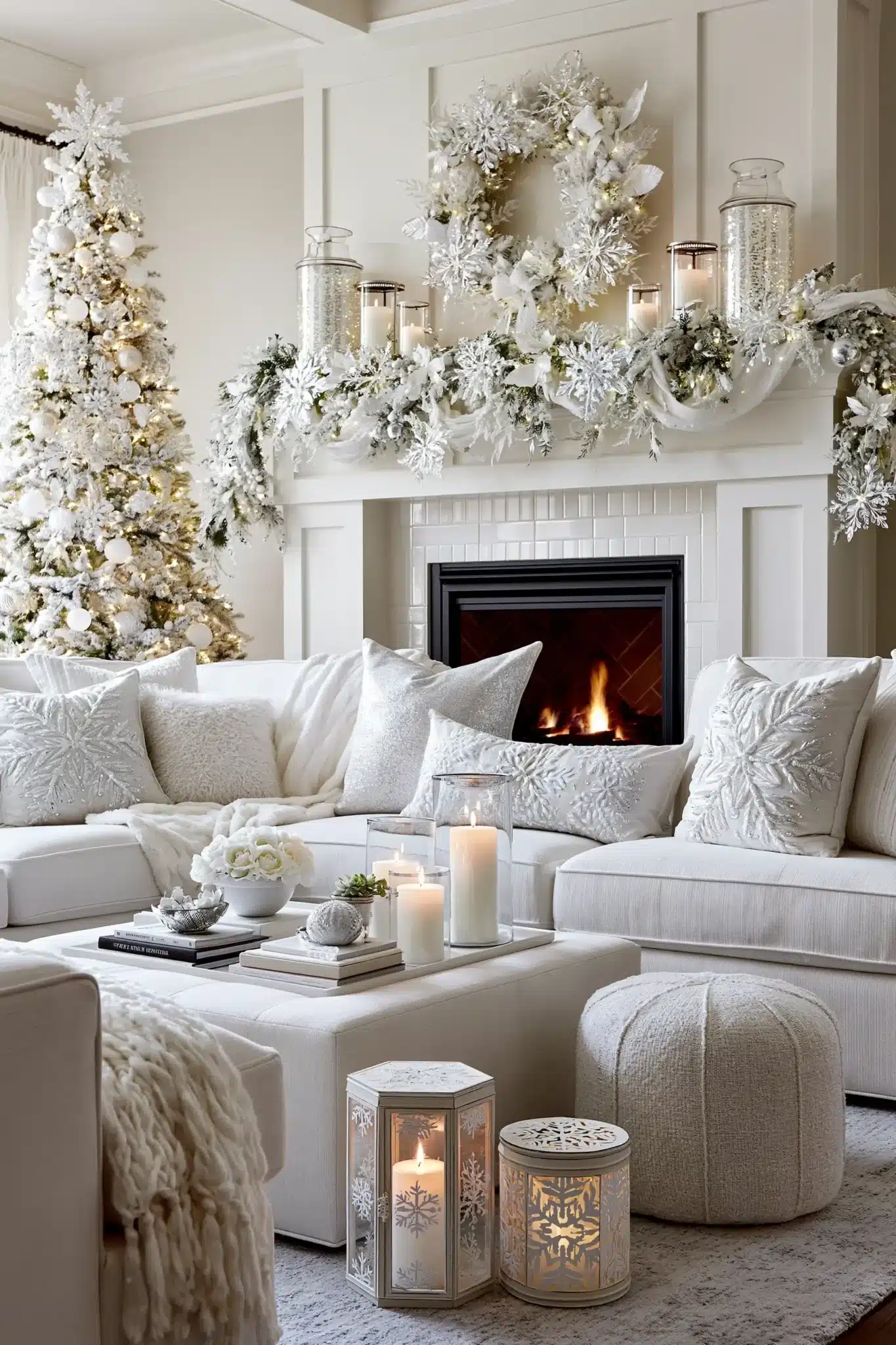 Snowflake-inspired holiday room with crystal ornaments and white Christmas decor
