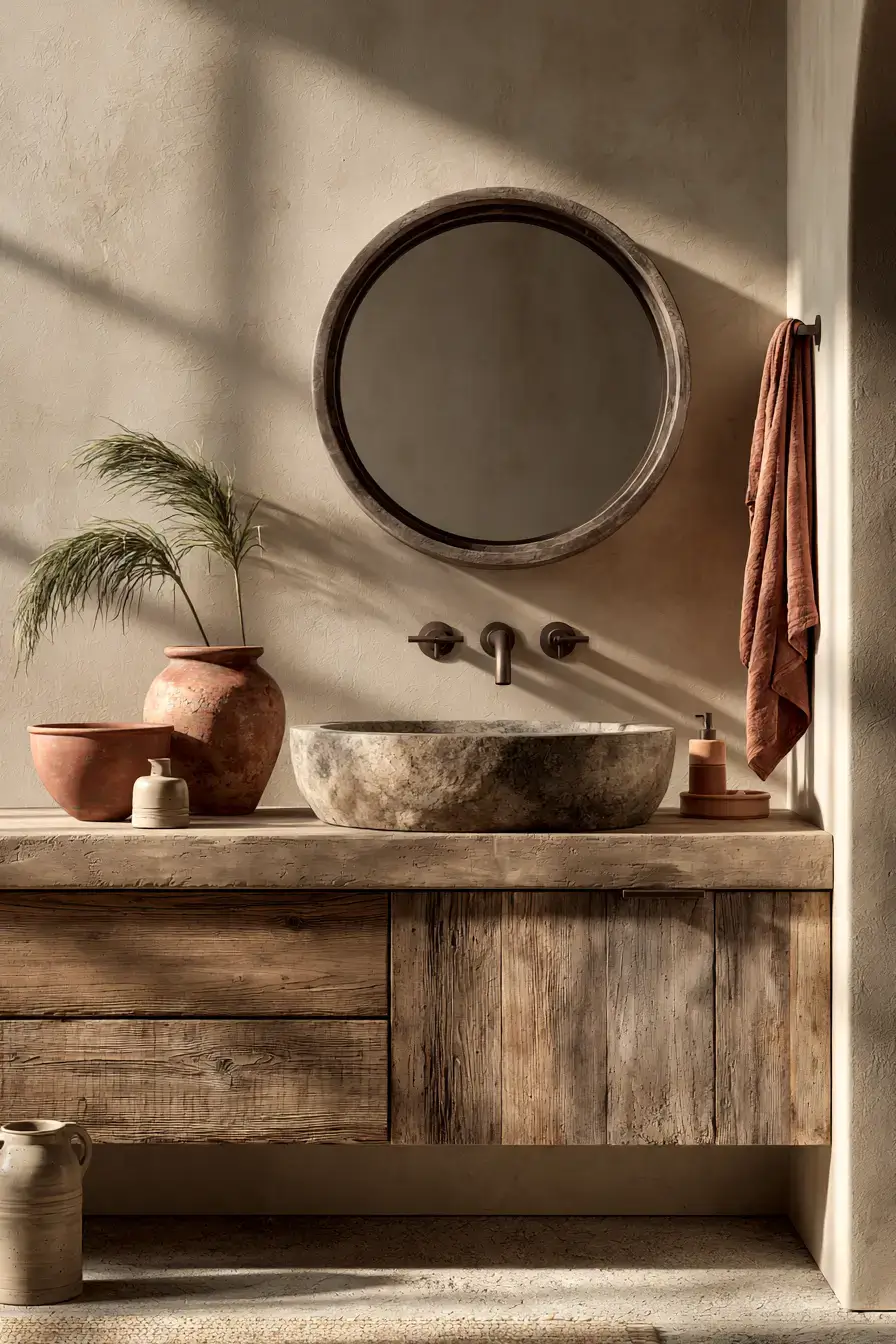 A desert-inspired bathroom with sandy neutrals and a stone sink