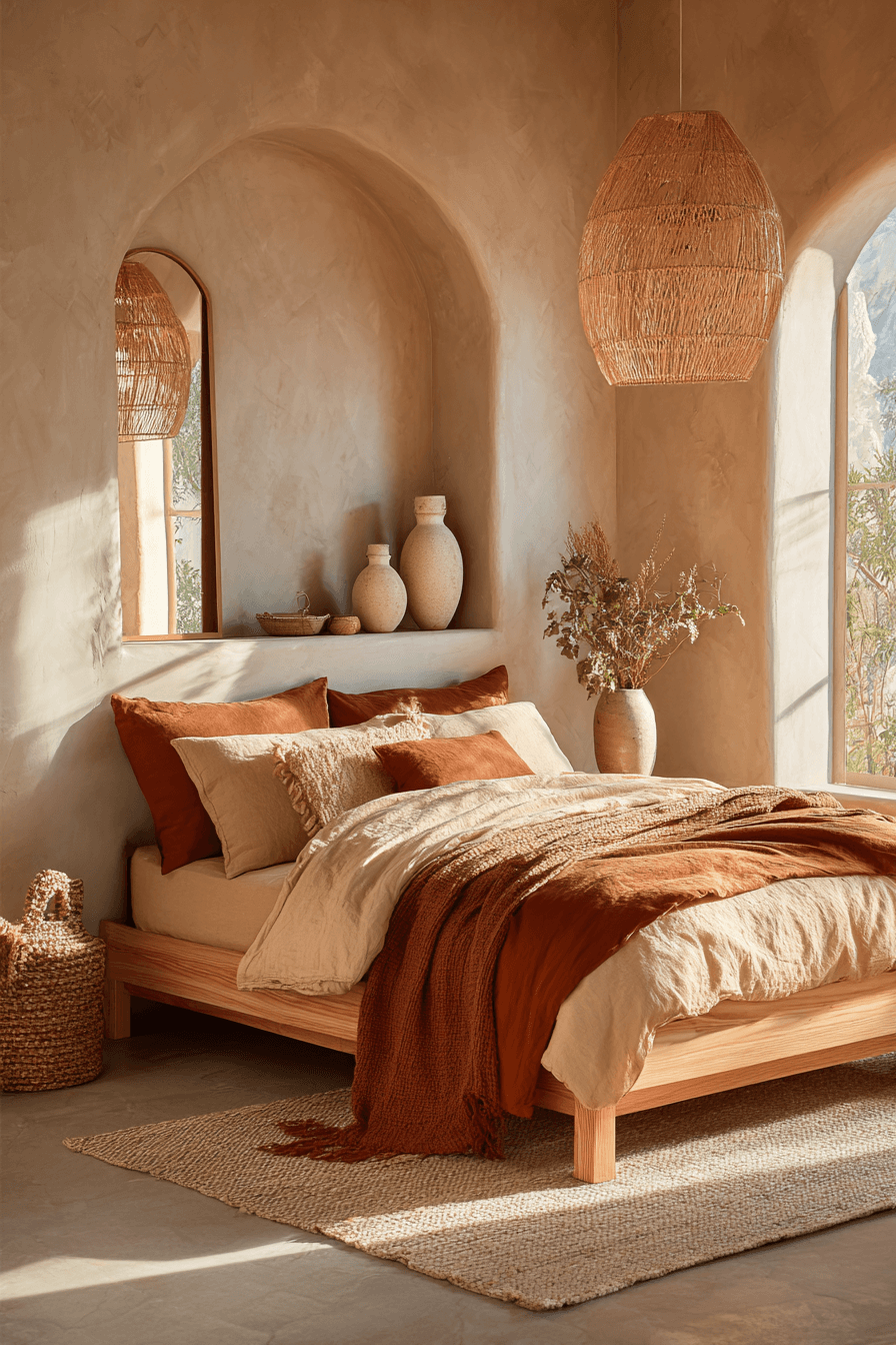 desert-inspired beige bedroom with sculptural accents