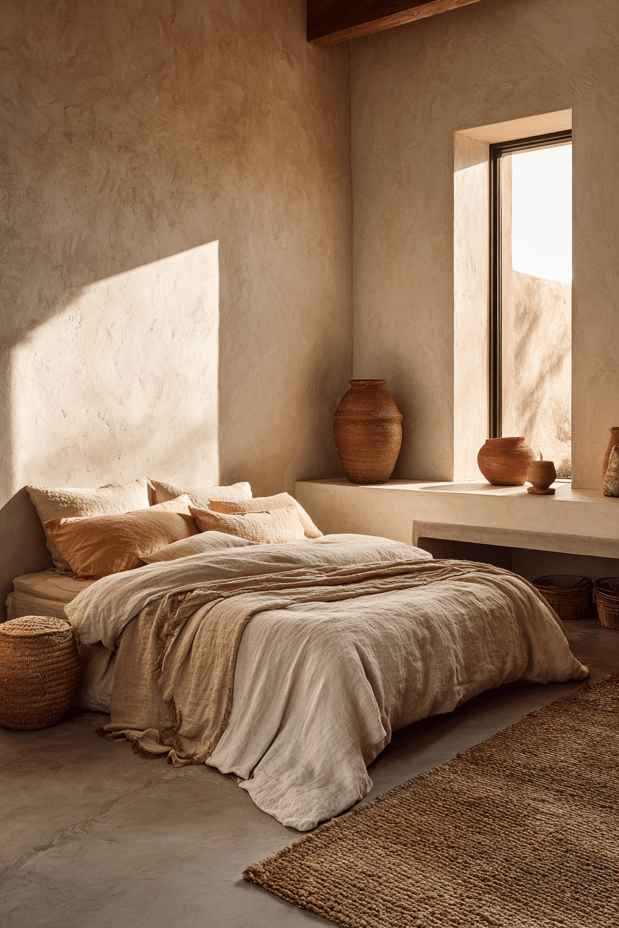 Warm minimalist bedroom with desert-inspired tones, woven details, and natural wood