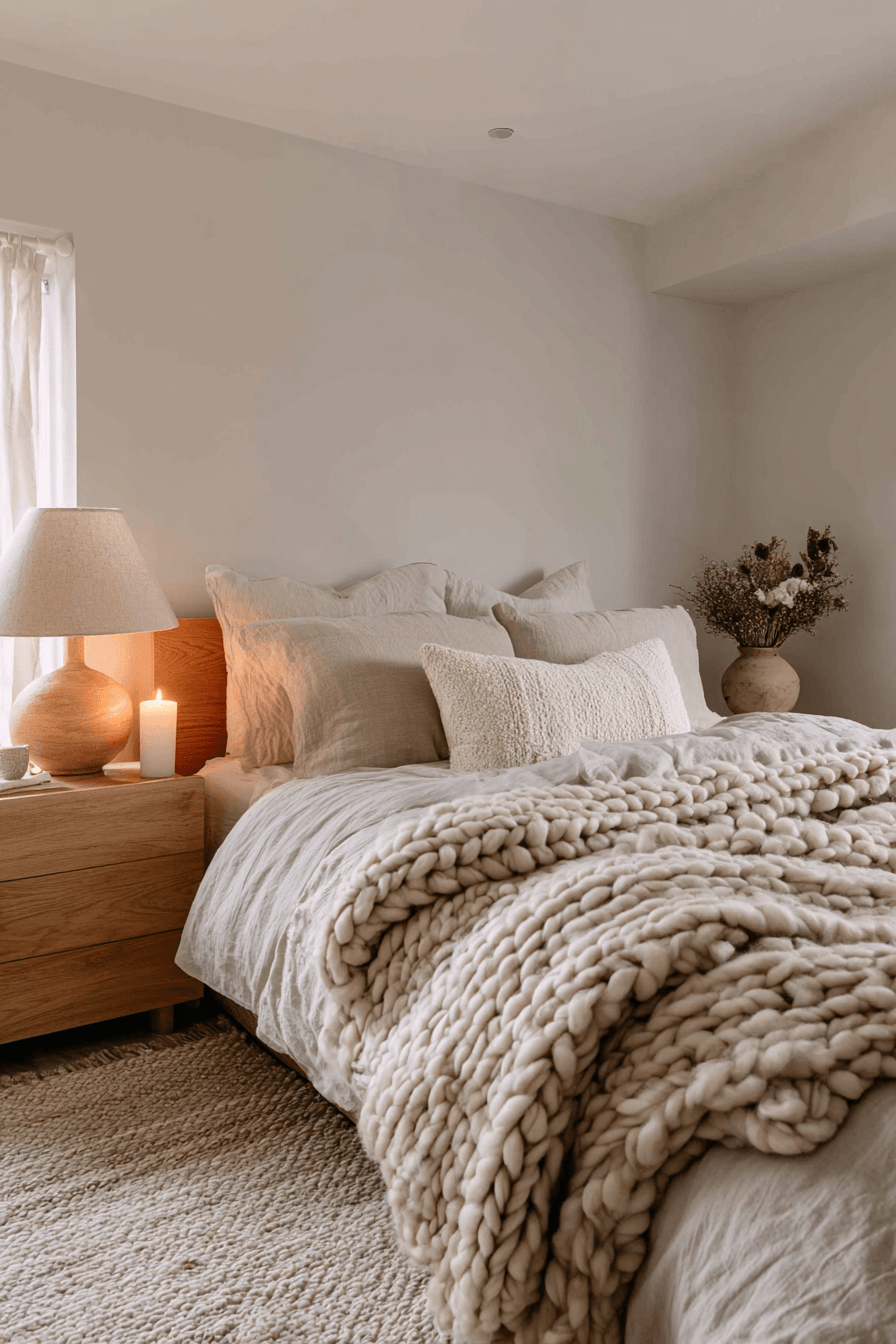 Warm hygge bedroom with cozy blankets, candles, and soft neutral tones