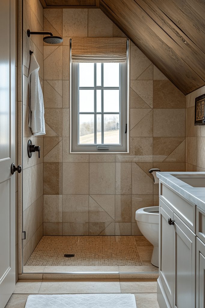 Walk-in shower with diagonal tile layout in a small bathroom.