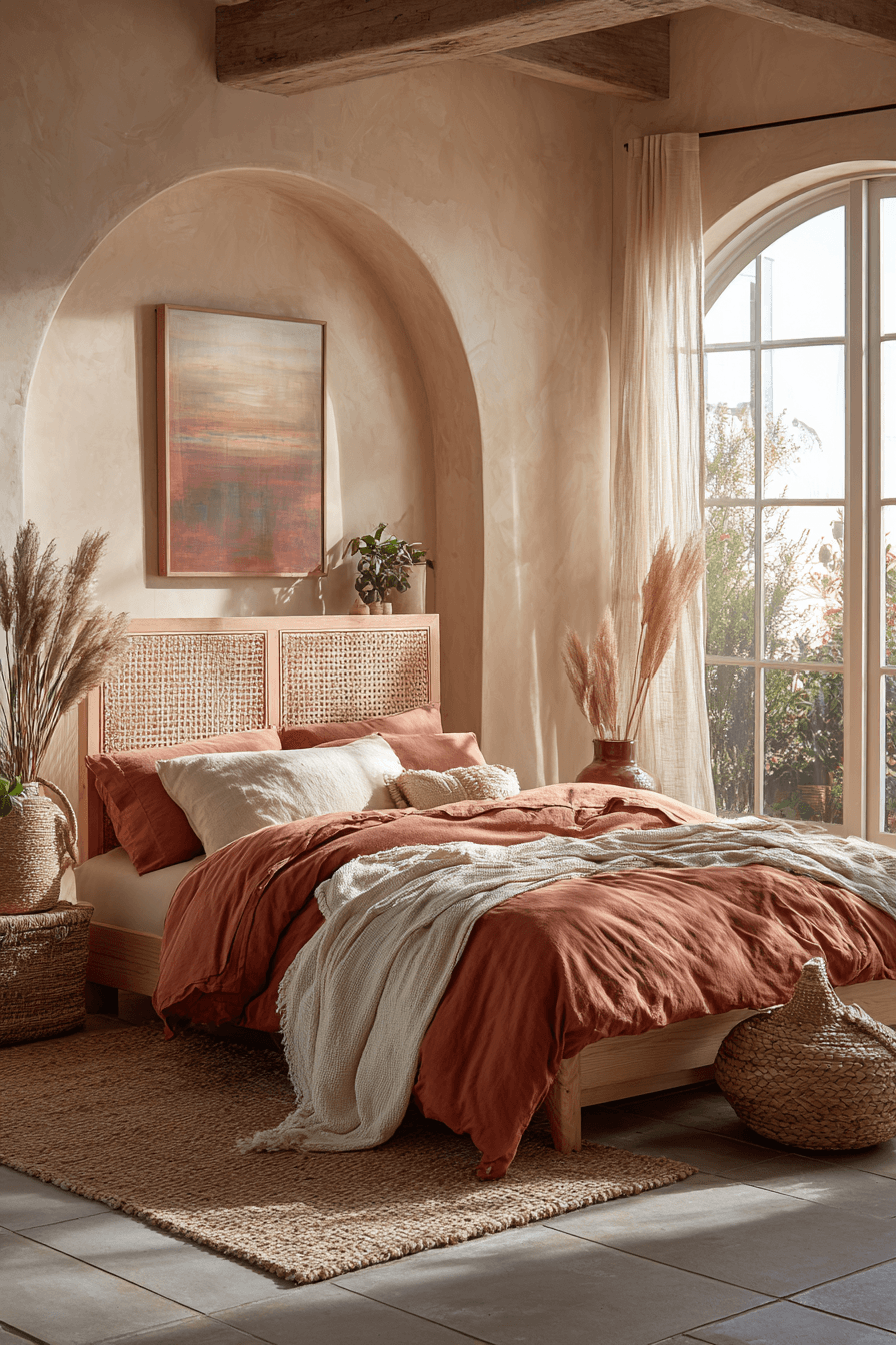 Desert tone bedroom with clay, sand, rust, and natural woven decor