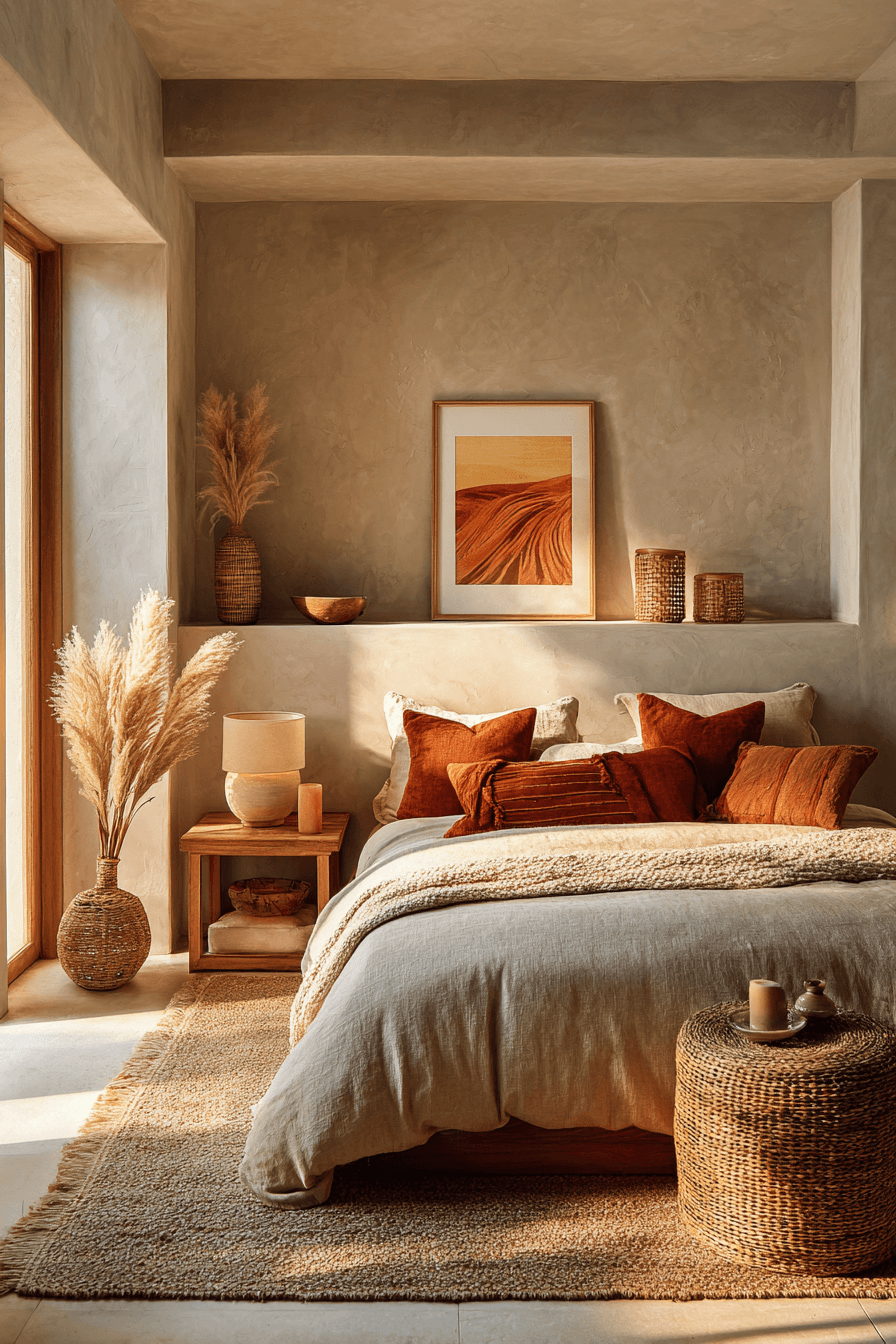 Warm desert-inspired bedroom with earthy tones and natural textures