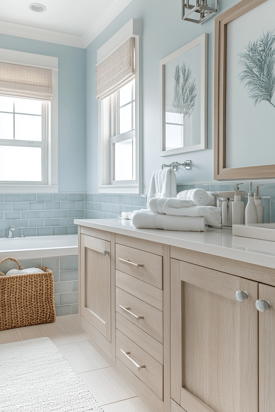 Light beachy bathroom with aqua tile, driftwood textures, and natural light