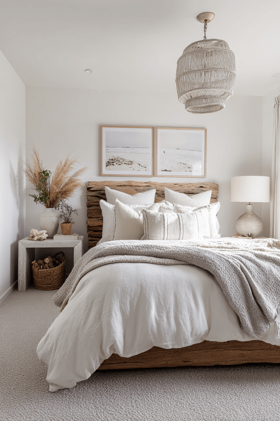 Beachy boho bedroom with driftwood decor, creamy bedding, sea-glass tones, and layered lighting