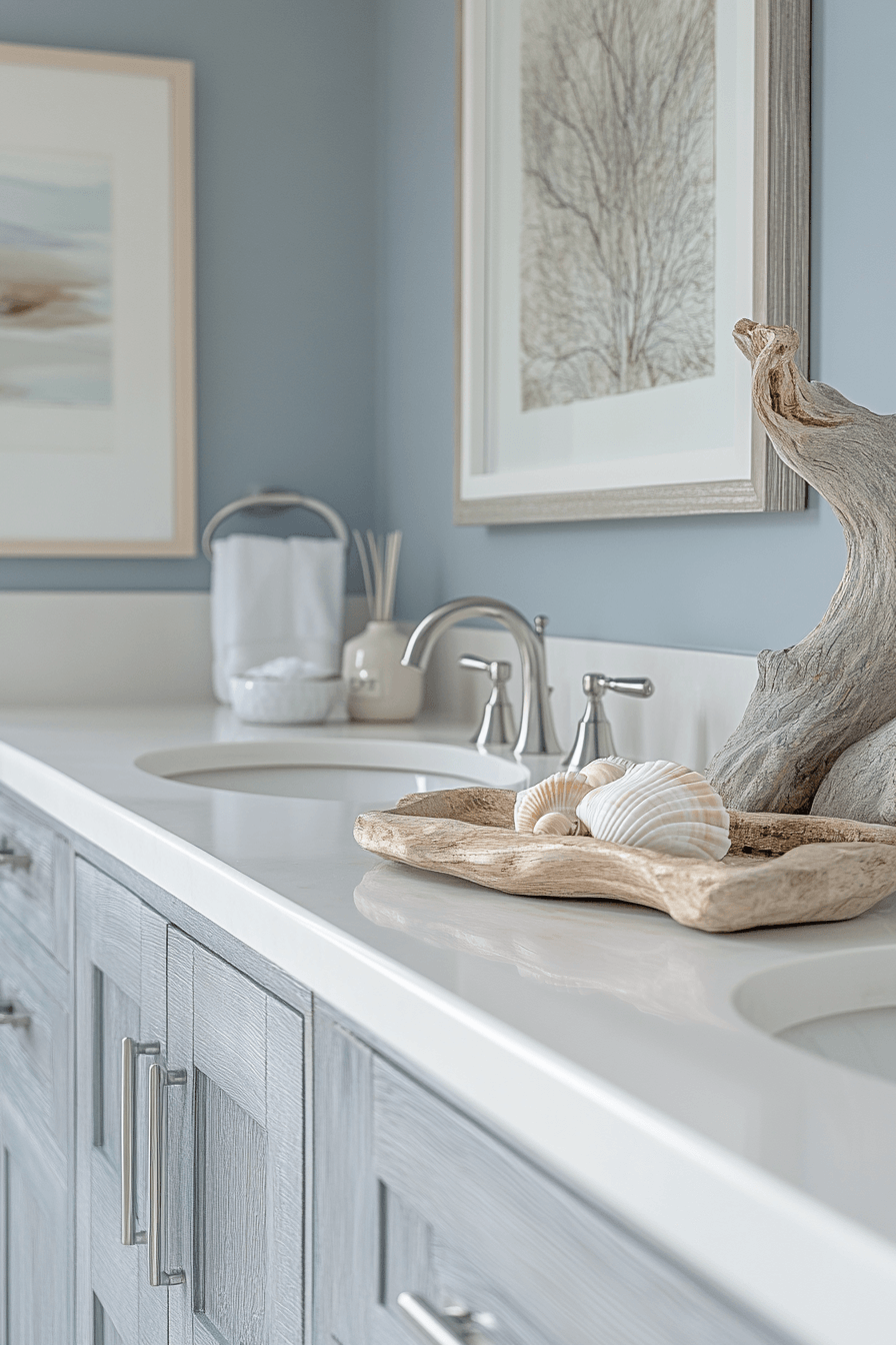 Coastal bathroom with a driftwood-style vanity, white sink, and relaxed beach decor