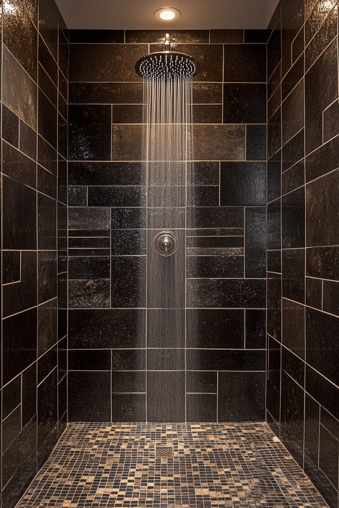 Two-tone tile walk-in shower in a compact bathroom.