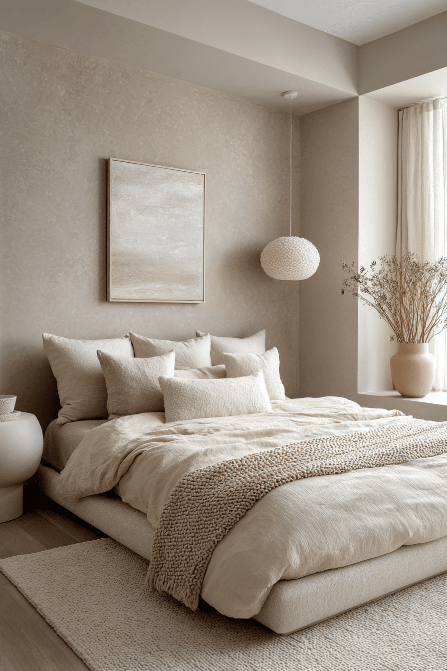 A minimalist beachy bedroom with taupe, beige, and off-white tones inspired by sand dunes.