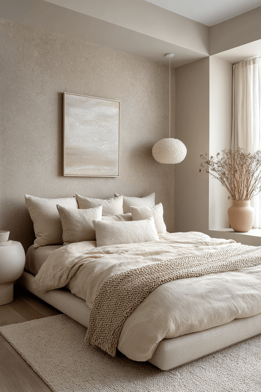 Minimal beach bedroom with dune inspired beige palette simple furniture and sculptural decor