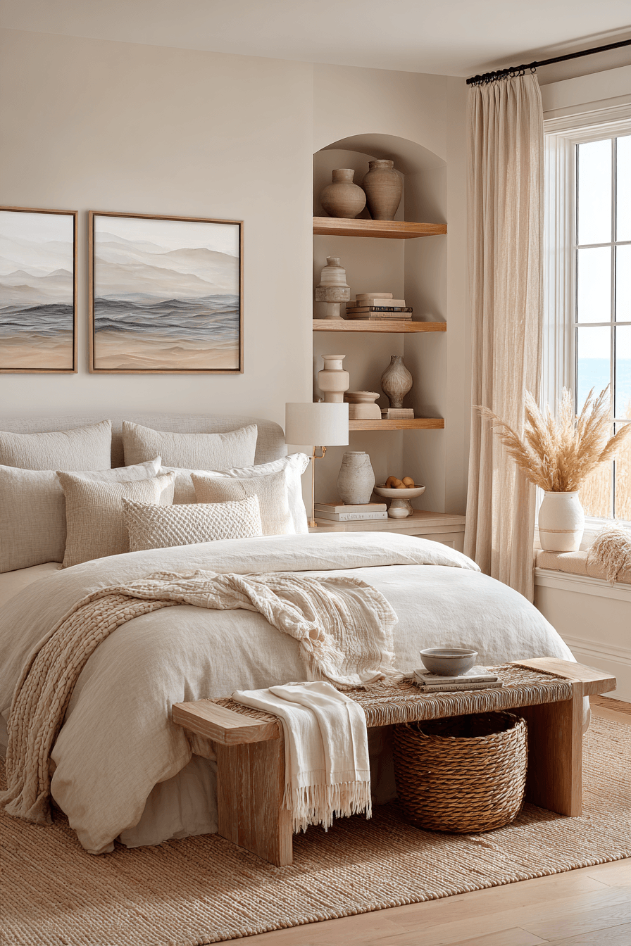 Beachy boho bedroom with dune-inspired colors, a low bed, pale wood furniture, and tasseled textiles