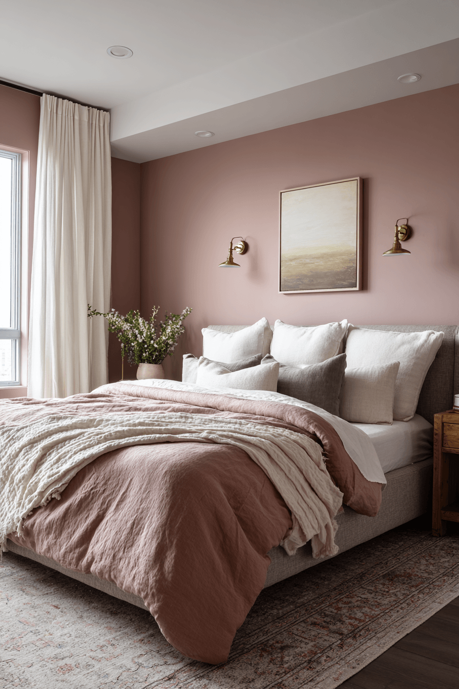 A warm cozy bedroom using dusty rose, slate gray, and olive tones with linen bedding.