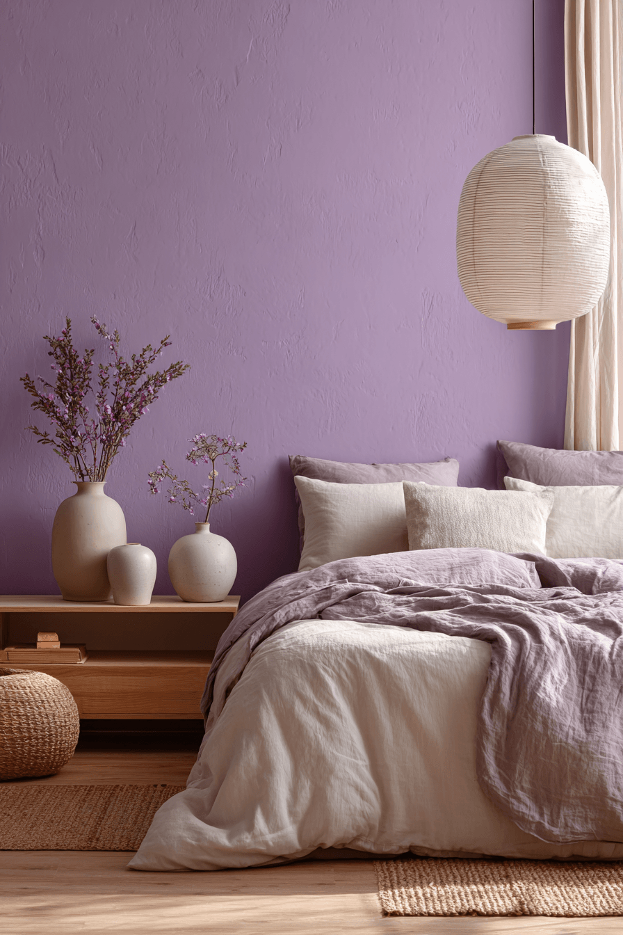 Calm mauve bedroom with soft bedding, creamy walls, and light wood accents
