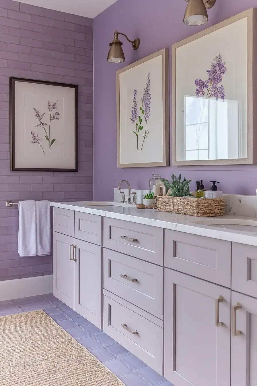 A bathroom styled with a dusty purple palette and warm neutrals